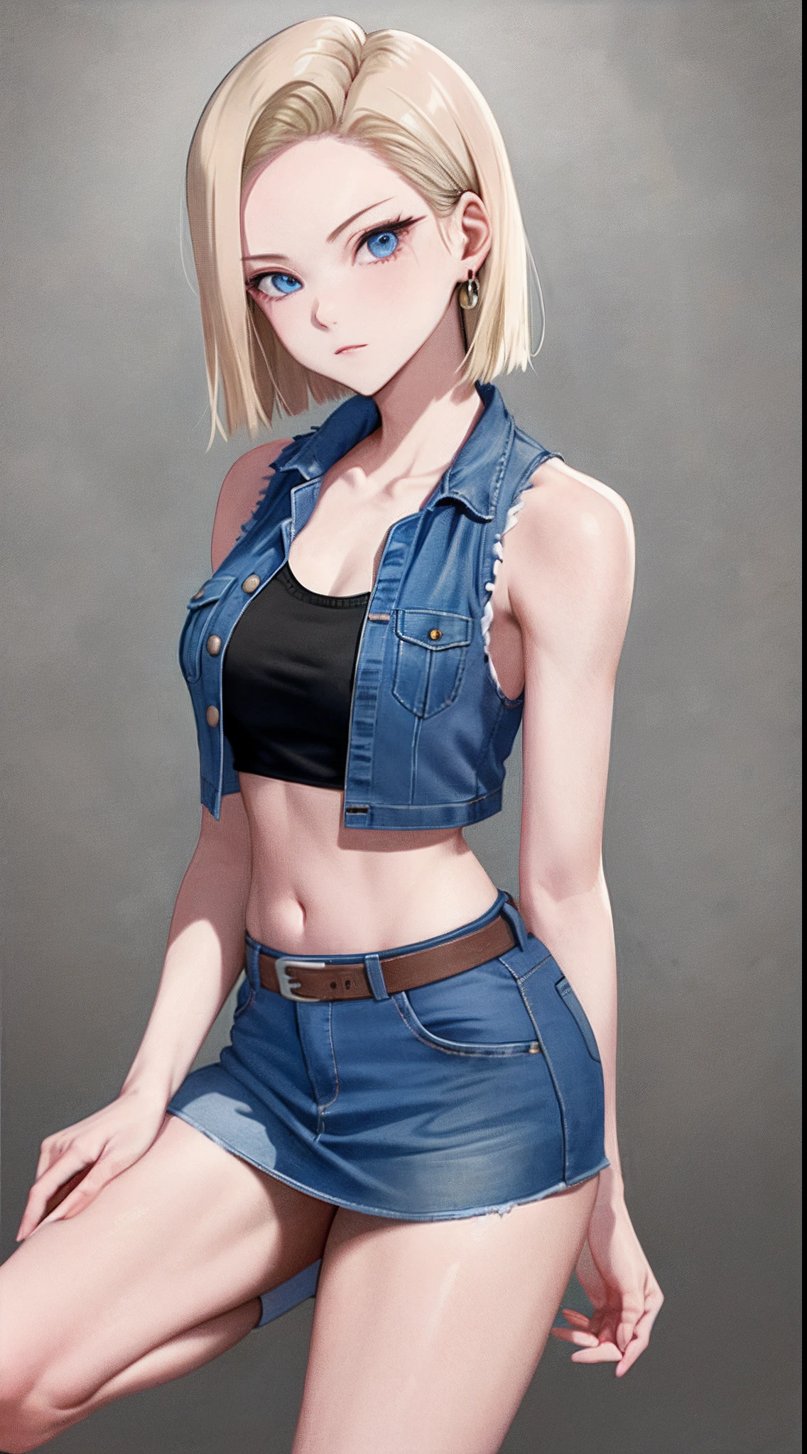 best quality, highres, and18, 1girl, android 18, solo, blonde hair, blue eyes, short hair, earrings, jewelry, denim vest, open vest, black pantyhose, black shirt, denim skirt, striped long sleeves, blue skirt, medium breasts, cowboy shot, street, off-the-shoulder, Strapless,