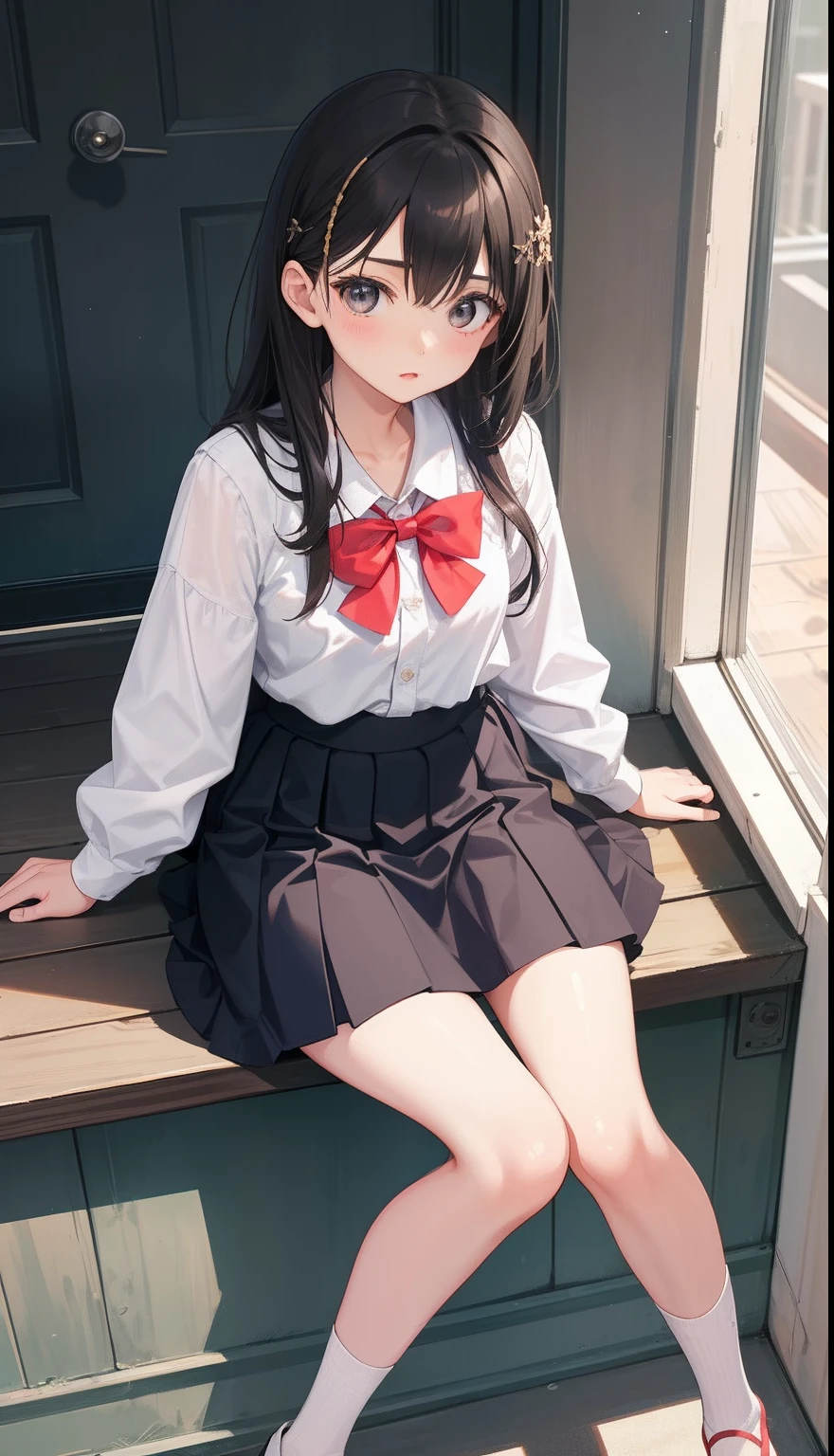 ()，highest quality，Beautiful face in every detail，cute，Dark brown eyes，(背の低いcute女の子，Smallg student，Yoicate girl）,（masterpiece，Top quality)，Black Hair，Sleepy expression，Short sleeve white shirt，Plaid white skirt