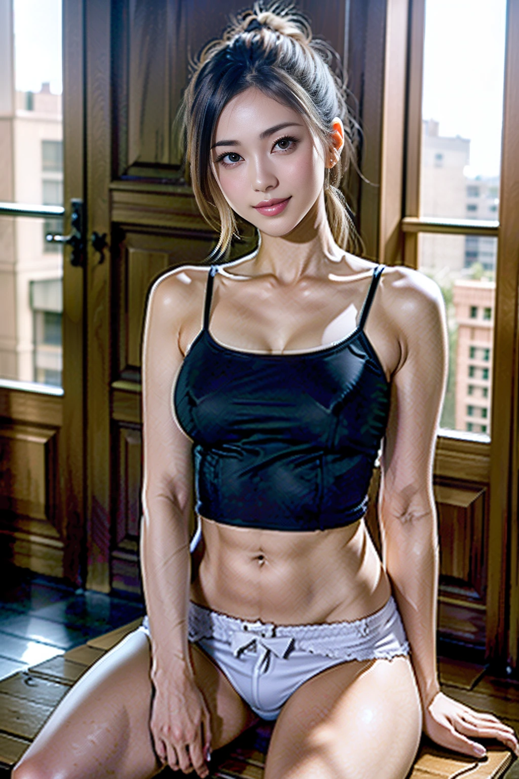 (8K、Raw photography、top-quality、​masterpiece:1.2)、(realisitic、Full body posture、poneyTail、Photorealsitic:1.37)、Sit up、Respectable hips、Denim Mini Skirt、Beautiful ass、poneyTail、Open legs,Tank Tops、Beautiful waki、Beautiful belly button、a miniskirt、Sit up、sit,Open legs,White panty、White shorts、、Panchira、ultra-detailliert、超A high resolution、女の子1人、see the beholder、beautifull detailed face、A smile、Constriction、(Slim waist) :1.3)、The shirt、Beautiful detailed skin、Skin Texture、floated hair、profetional lighting、