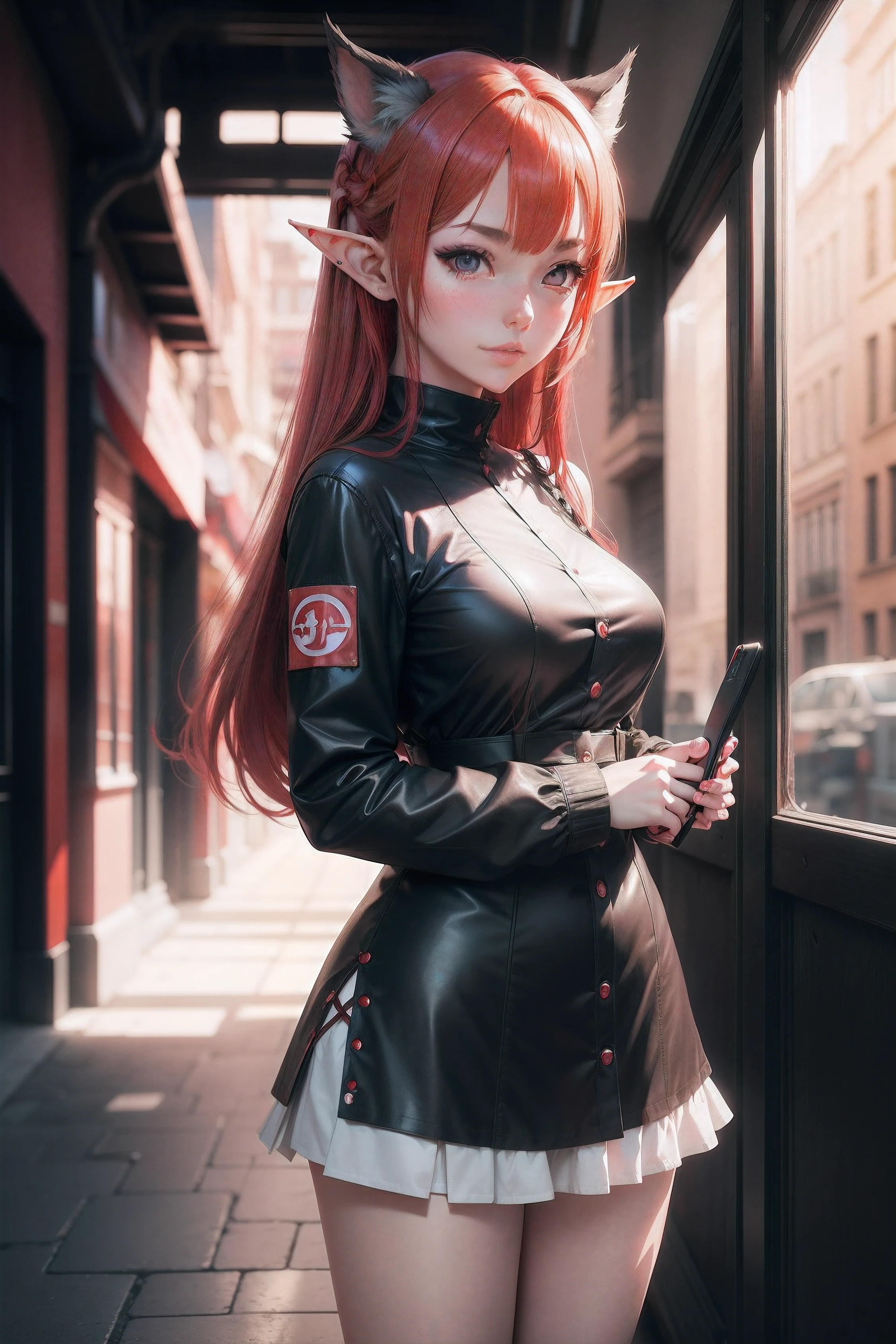 anime girl, red hair, gray eyes, long face, elf ears, happy face, slim, fashionable clothes, Surrealism, drop shadow, anaglyph, stereogram, tachi-e, pov, atmospheric perspective, 8k, super detail, ccurate, best quality