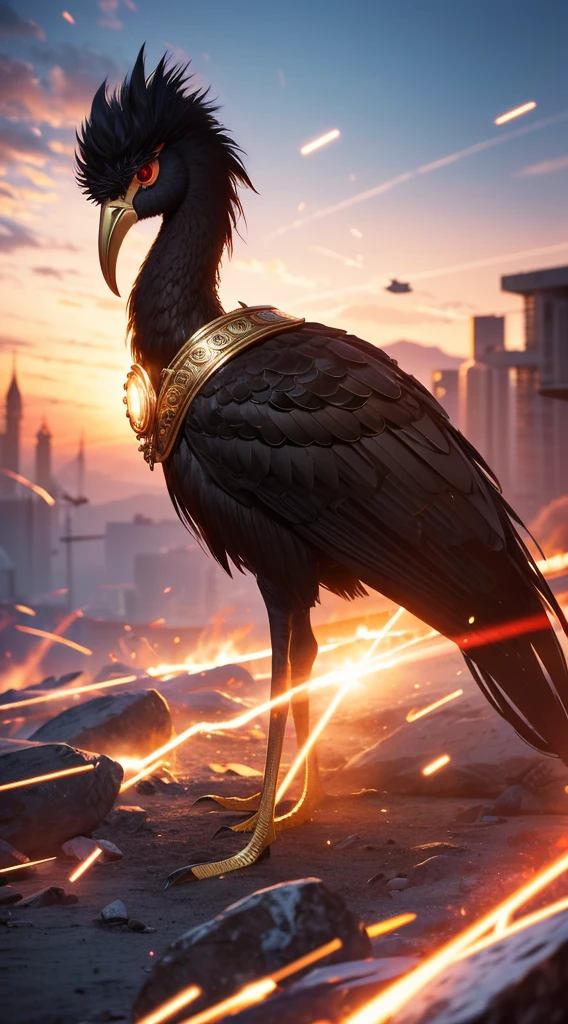 (extremely detailed CG unity 16k wallpaper:1.1), (Denoising strength: 1.45), (tmasterpiece:1.37), Evil cyberostrich, red - eyed, Long neck, Gold tone metal collar, Fantasy style, steampunc, Epic war, Shot with a 35mm lens, Shutter speed 1/ 400, f/ 22, White balance, 32K, Super resolution, megapixel, RGB professional photos