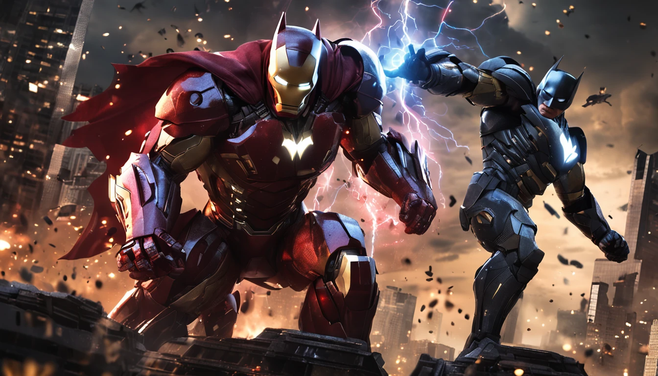 Generate an epic image that depicts an epic battle between Batman and Iron Man. Batman is dressed in his iconic bat suit, while Iron Man is equipped with his technologically advanced armor.
A luta ocorre em uma paisagem urbana noturna, with tall buildings and city lights in the background. The night sky is full of stars, adding a touch of drama to the scene.
Both heroes are in action, com o Batman usando sua agilidade e habilidades de combate corpo a corpo, while Iron Man casts energy beams from his hands and repulsors. Capture the intensity of battle and each character's unique personality as they face off."
Remember that this is only a description of what you want in the image. You would need an imaging tool, such as an illustration program or an AI model trained to create the image based on this prompt