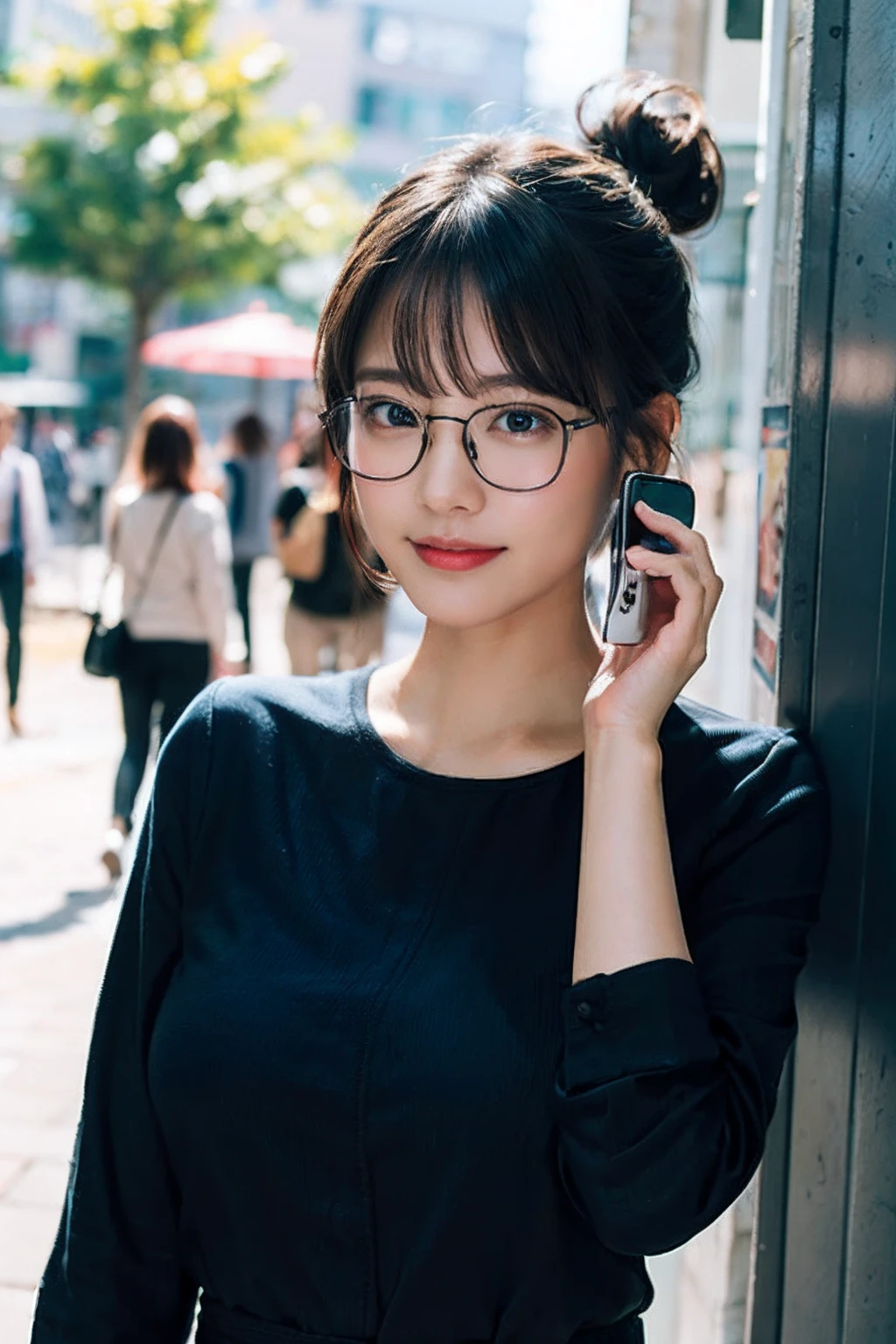 (8K、Raw photography、top-quality、masterpiece:1.2)、(realisitic、Photorealsitic:1.37)、ultra-detailliert、超A high resolution、1人、see the beholder、beautifull detailed face、A smile、Constriction、(Slim waist) :1.3)、((Blue shirt clothes))、Beautiful detailed skin、Skin Texture、Floating hair、((Hair bunched into one))、large breasts with good shape、Professional Lighting、In front of the station at noon、((Black square glasses))、Whole human body、Brown hair、((Holding your phone on the phone))、