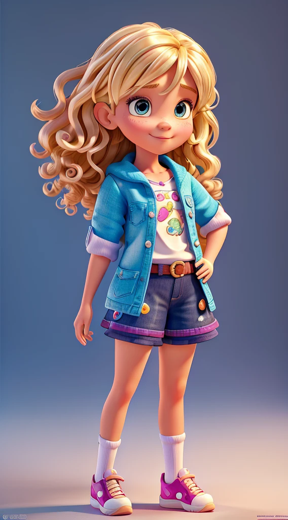 Create a character set for curly blonde 4  girls,  Stunning 3D 12K resolution，Detailed full body of Disney-style character, Highly detailed, vibrant, Ultra high quality, hyper photorealism, Photorealism, rendering by octane]