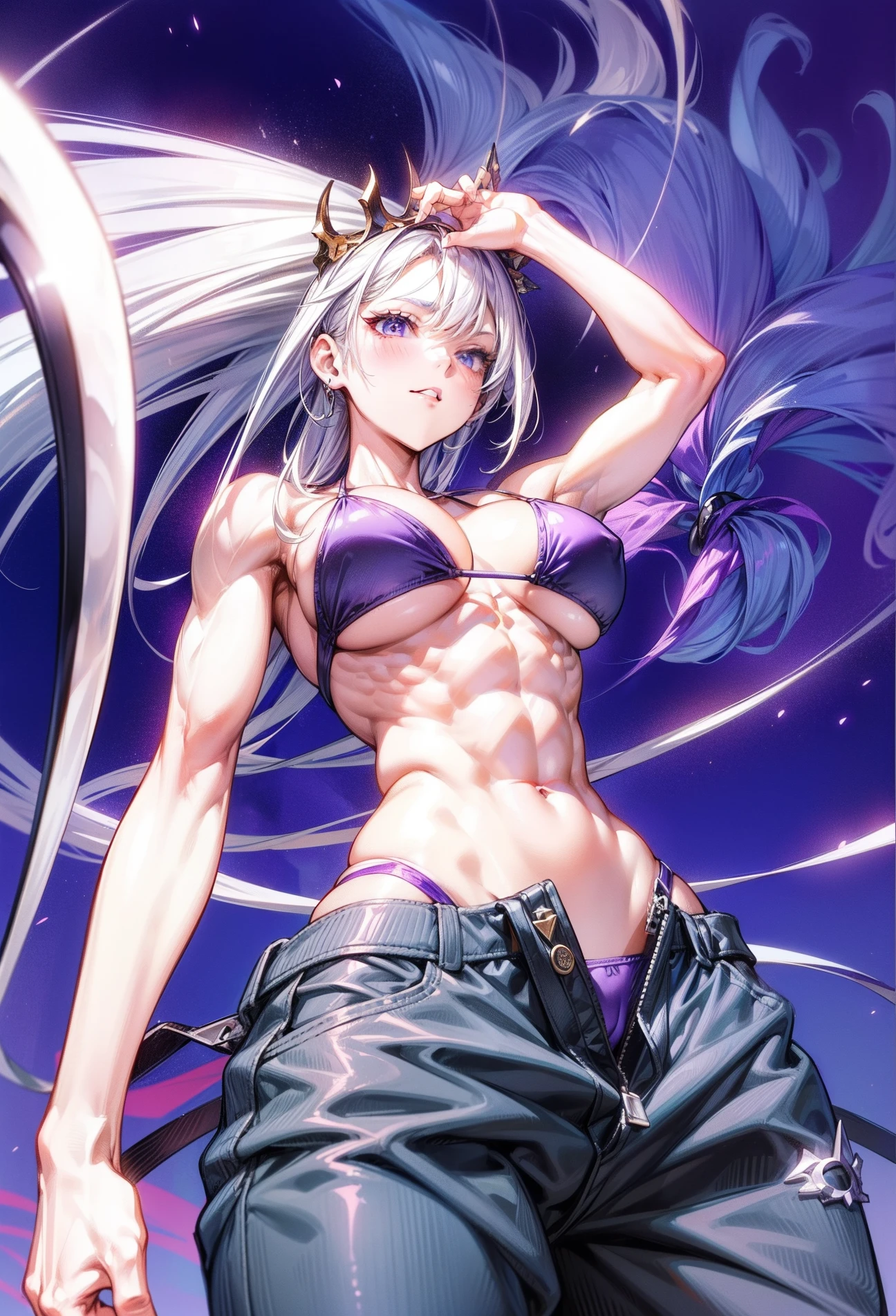 (The best lighting) , (ultra intricately detailed) , 4K Unified, (super-detailed CG: 1.2) , (8K: 1.2),(Original), (masutepiece) , (Best Quality),(masutepiece:1.4),Anime-ish high quality,(masutepiece),masutepiece, Ultra-sharp image quality,Sharper than the movie,(Fine face)Best Quality, absurderes,((masuter piece, 4K, 8K, yes, hight resolution))1girll, girls,She is in the city of the future,Dressed in armor,ear phone,10 Strong Abs,standing on your feet,exposing the abdomen, Crop topping,On the arm there is a bulge of dense veins,spring, Perfect figure, Long silver hair, Dynamic Pose,Legs exposed,Strong leg muscles ((body builder:1.5)),Thermobaric,(Beautiful base),(girl),(Female),(((Upper body:1))) large udder Colossal tits Taut Purple Bikini Purple panties