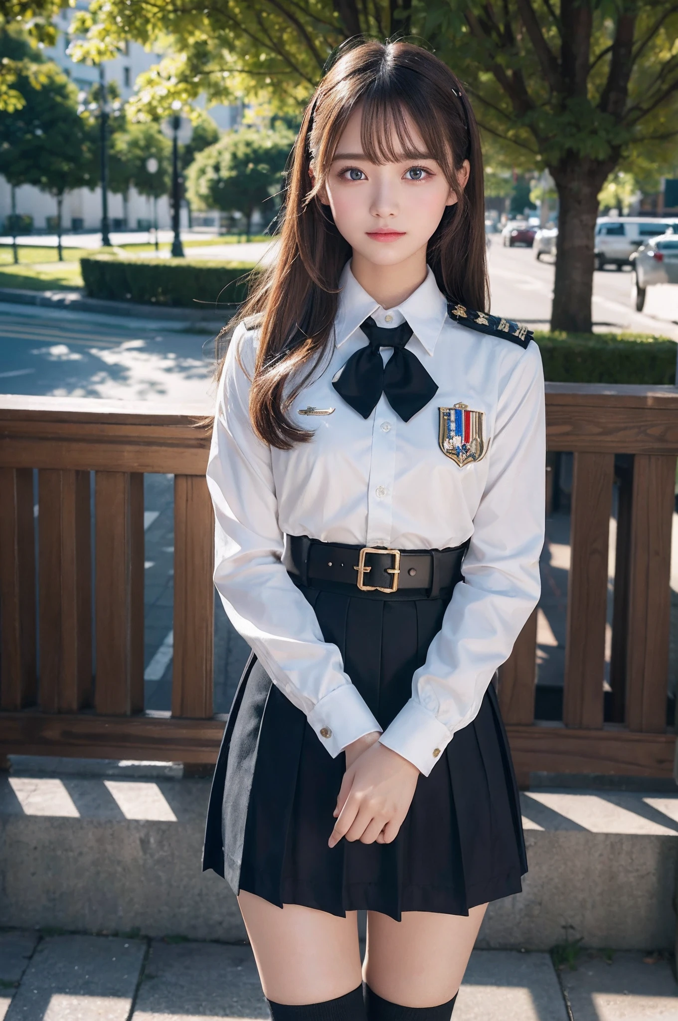 tmasterpiece,top-quality,offcial art,Highly detailed CG Unity 8K wallpapers,Like a girl,The cutest 16-yeaoldl in world,Very delicate beautiful,超A high resolution,(realisticlying:1.4),Golden Hour Lighting,long brown hair,Blue eyes,German Army,white military uniform,skirt type,Air Force Commander,intricate detailes,Gun holder on the waist,Fine thighs,long boots,Blackney High Socks,1girll,ssmile,Blushlush, best qualtiy, RAW photogr,realisticlying,incredibly absurd res, Buatigarh, depth of fields, hight resolution, ultra - detailed, finedetail, Very detailed, extremely detailed eye and face, Sharp pupils, tack sharp focus, cinmatic lighting
