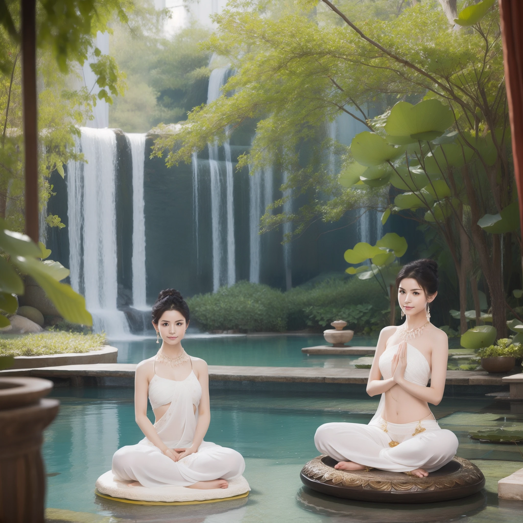 Naked Zen beauty meditates on a lotus throne，（Yoga lotus sitting）,（Perfect delicate and good-looking face）,（Slimy all over）