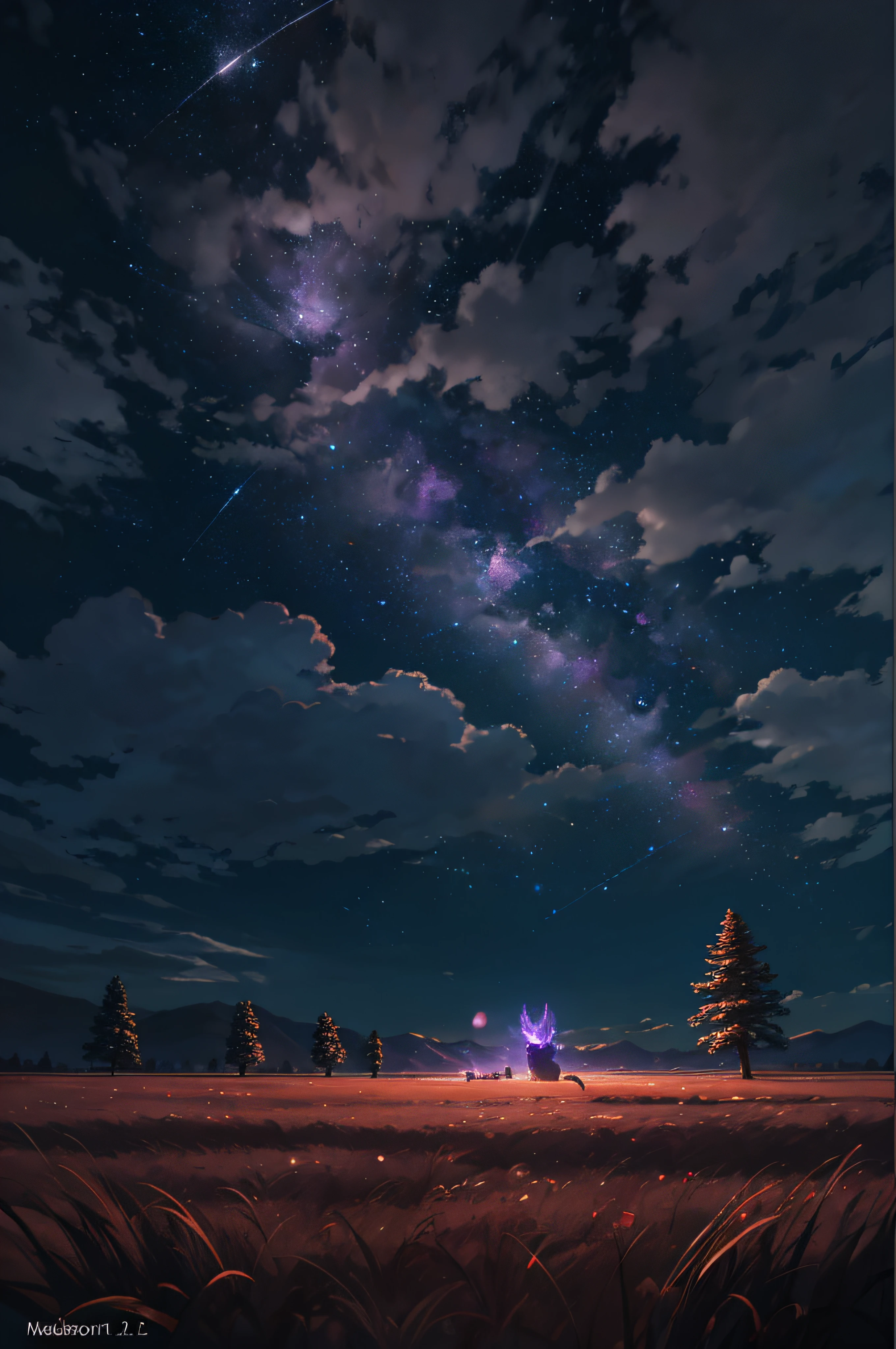 A wide landscape photo, (viewed from below, the sky is above, and the open field is below), a wolf sitting on grass field looking up, (full moon: 1.2), (meteor: 0.9), (nebula: 1.3), distant mountains , Trees BREAK Crafting Art, (Warm Light: 1.2), (Firefly: 1.2), Lights, Lots of Purple and Orange, Intricate Details, Volumetric Lighting BREAK (Masterpiece: 1.2), (Best Quality), 4k, Ultra Detailed, (Dynamic Composition: 1.4), Rich in Detail and Color, (Rainbow Color: 1.2), (Glow, Atmospheric Lighting), Dreamy, Magical, (Solo: 1.2)