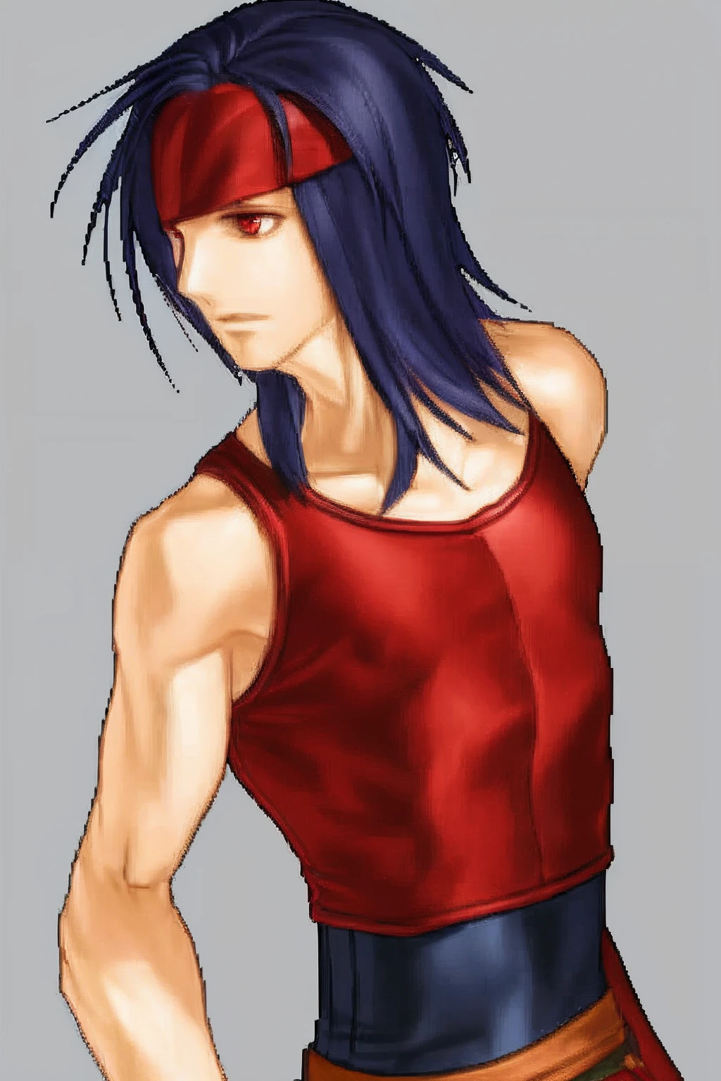 solo focus, (FE10-Style, Halfbody, No Frames:1.1), simple background, dark blue hair, slim face, red eyes, red and brown clothing, headband, shoulder lengthhair, male, teen, young , Assassin, crop top