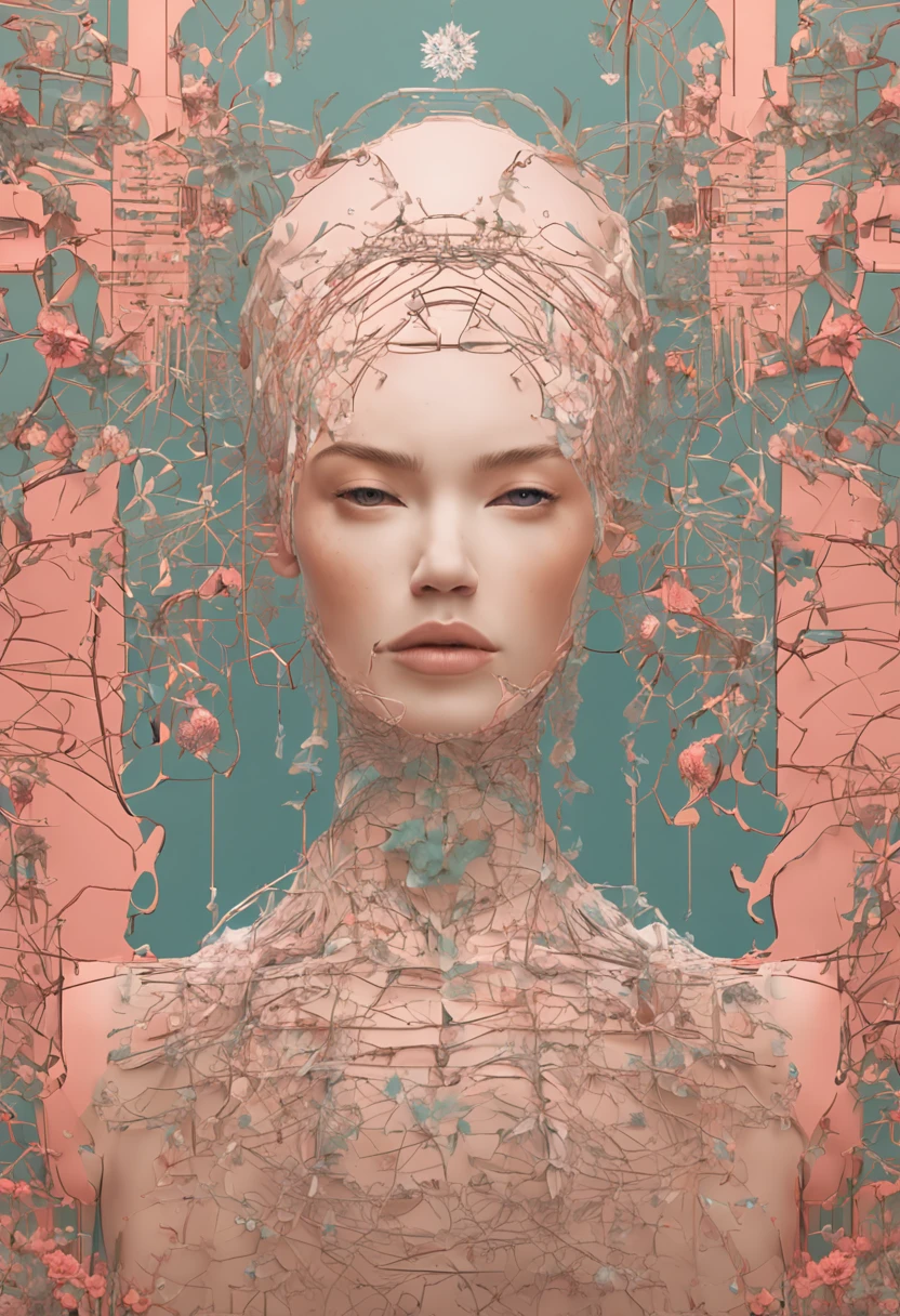(knollingcase:1), rotulado, Overlays, display oled, anotado, technical, diagrama knolling, Technical Drawing, vitrine, lighting dramatic, brilho, dof, reflexions, refractions, (simetria:1.1) (retrato de floral:1.05) a mulher como uma bela deusa, symmetrical face, esquema de cores rosa e dourado e opala, bela e intrincada pintura facial filegrid, intrincada, elegante, altamente detalhada, Artistic Station, smooth and sharp focus