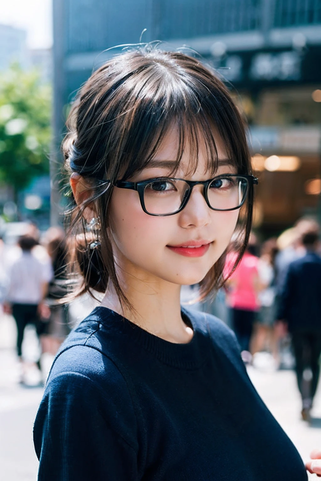 (8K、Raw photography、top-quality、masterpiece:1.2)、(realisitic、Photorealsitic:1.37)、ultra-detailliert、超A high resolution、女の子1人、see the beholder、beautifull detailed face、A smile、Constriction、(Slim waist) :1.3)、((Blue shirt clothes))、Beautiful detailed skin、Skin Texture、Floating hair、((Hair bunched into one))、large breasts with good shape、Professional Lighting、In front of the station at noon、((Black square glasses))、Whole human body、Brown hair、((Holding your phone on the phone))、
