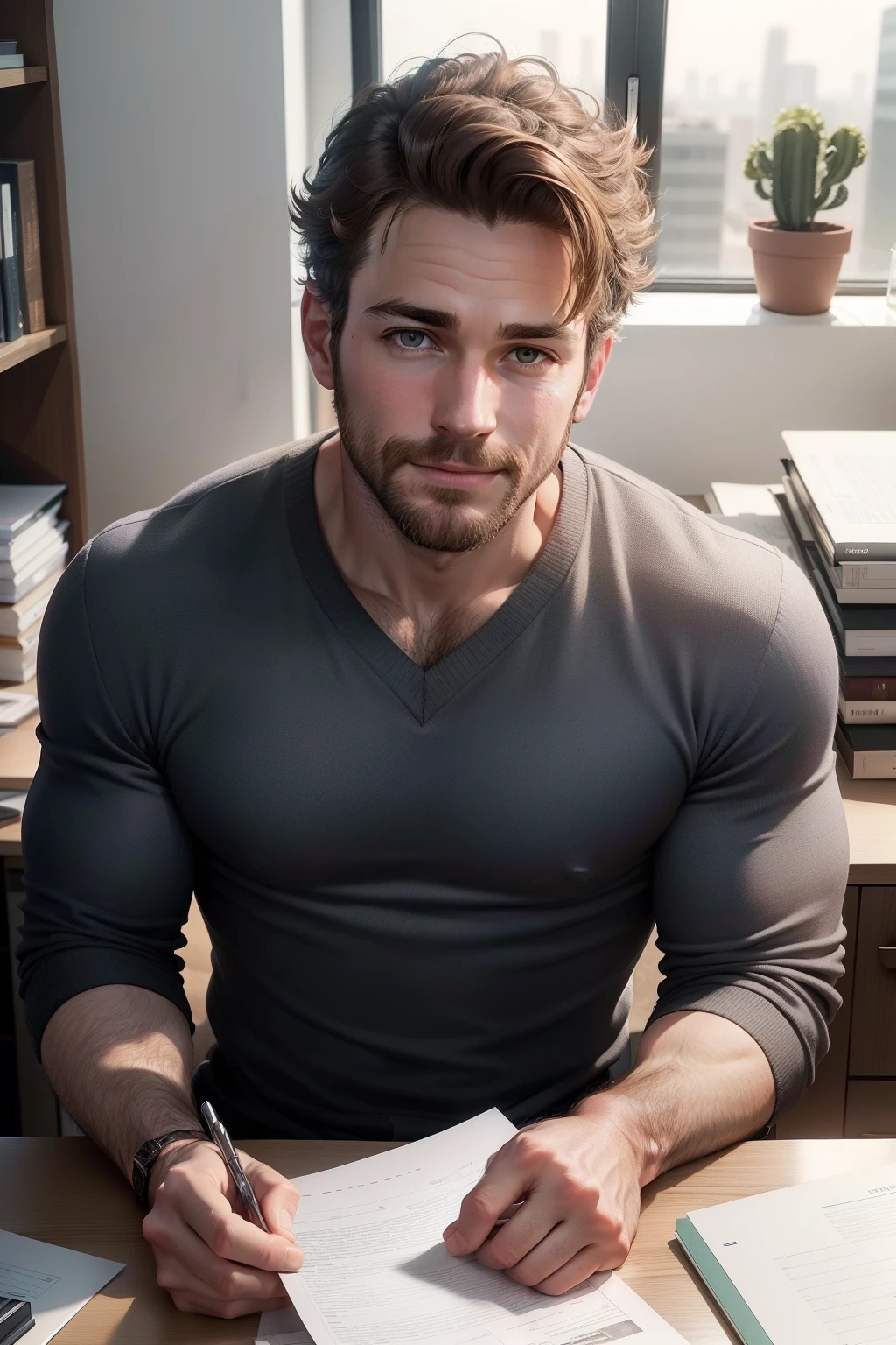 white male, 35 year old, sitting at a desk in the office, looking at the camera, casual dressed, looking good, handsome, smiling, fit, brown hair and beard, stunning, make the picture in such a way that this chest and face are pointed towards the camera. And make a nice office background which is not distracting, looking straight in the camera, horizontal view, ready to present an exlainer video