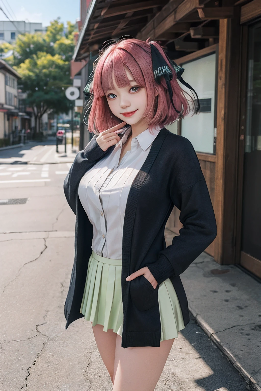 masterpiece, top-quality, Hi-Res, nn1, 1girl in, hair adornments、idol、a beauty girl、cute little、Hair Ribbon, short-hair,Pink hair、 Green skirt, white shirt, Black cardigan, Open your clothes, long-sleeve, shiny oily skin with high contrast,, huge long breasts, Naughty big、Big breasts emphasis、White underwear、white ribbed panties:1.5、(is standing:1.7)、red blush、embarrassed from,爆乳、A smile