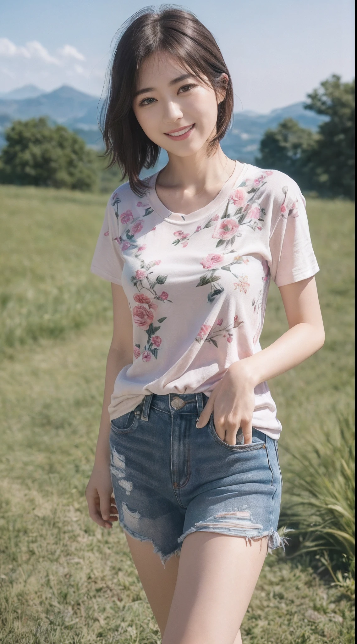 (8K、top-quality、masterpiece:1.2)、(realisitic、Photorealsitic:1.37)、ultra-detailliert、((Beautuful Women))、((Floral T-shirt))、((JINS))、looking at the viewers、hiking、(breast)、((black-short-hair))、plateau、((a smile))、grass field、((Walking))