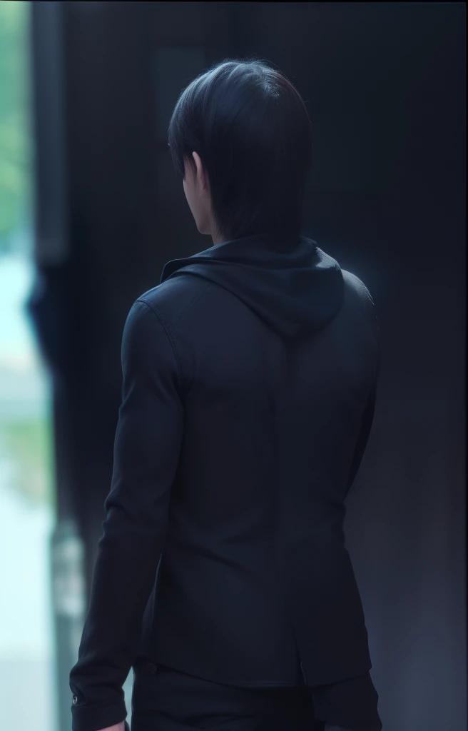 mejor calidad, obra maestra, (realista: 1.2), 1 hombre, Eren Jaeger, vida real, live-action, Vaqueros negros, brown-hair, cabello suelto, Cabello largo, ataque en Titan, cold bottom, chaqueta negra, cuerpo delgado, a high definition, alta calidad, Fondo de puesta de sol, de espaldas, Mirando hacia el horizonte, masculino, Masculino, Chad, Espalda grande, espalda ancha, GigaChad