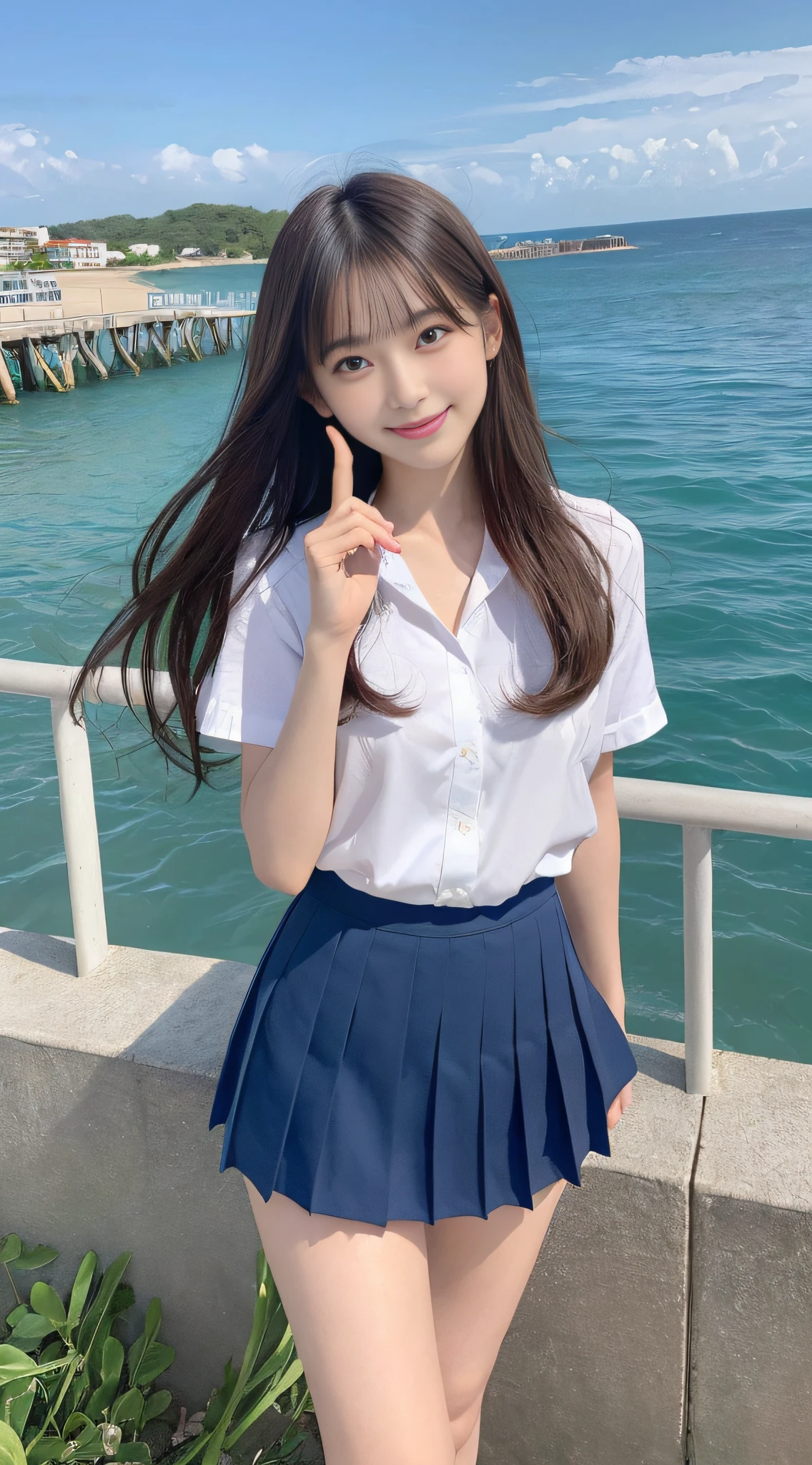 (ultra best quality、超A high resolution、8k、masterpiece:1.3)、Beautiful Women in Perfect Figure:1.4、A detailed face、A detailed eye、二重まぶた、1Woman of Man、hi-school girl、(Japanese student uniform)、(((The best smile)))、a miniskirt、length hair、Skinny Legs、kawaii、full body Esbian、Extraordinary beauty、dark brown hair、Daytime Ocean View、perfectly proportions、Skirt swaying in the wind、Age is17years old、beautful view、blue open sky、Blue Sea、A slender、small tits、Fluttering hair、Beach Resort、Blue Sea、Red Sea、Navy blue pleated skirt、Hold up the index finger of your right hand