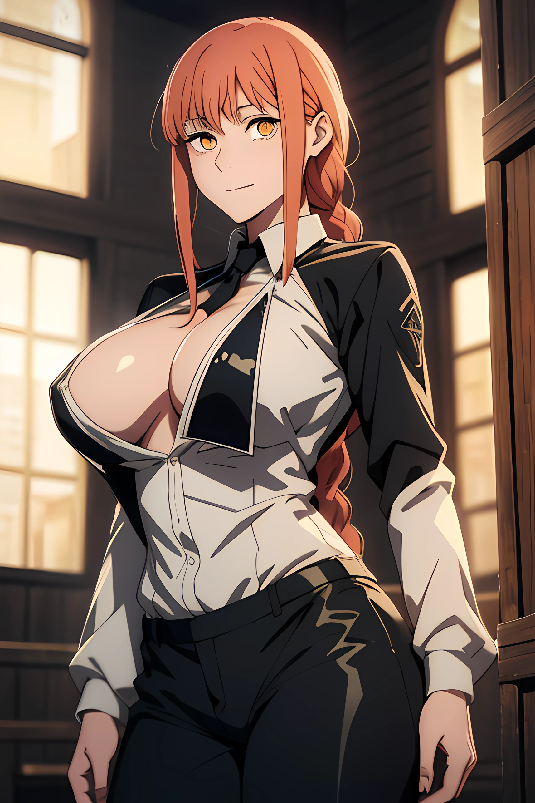 Makima \(chainsaw man\), Tenir un couteau, Pluie de sang, 1fille, seulement, Debout, Cheveux roux, long braided hair, golden eyes, frange, seins moyens, Chemise blanche, attacher, rester, Ils sourient, (be:1.2), Regarder le spectateur, (interview:1.3), background dark, pantalon, Pantalon noir, the best quality, glowy skin, Highest quality, High resolution, ventre, gigantic breast, big breast, giant breast, big boobs,