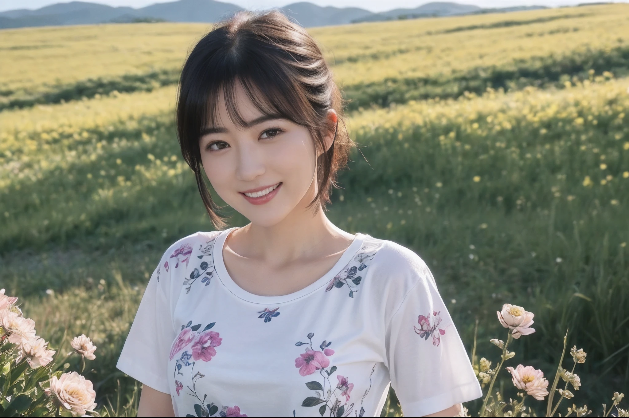 (8K、top-quality、masterpiece:1.2)、(realisitic、Photorealsitic:1.37)、ultra-detailliert、((Beautuful Women))、((Floral T-shirt))、JINS、looking at the viewers、hiking、(breast)、((black-short-hair))、plateau、((a smile))、grass field