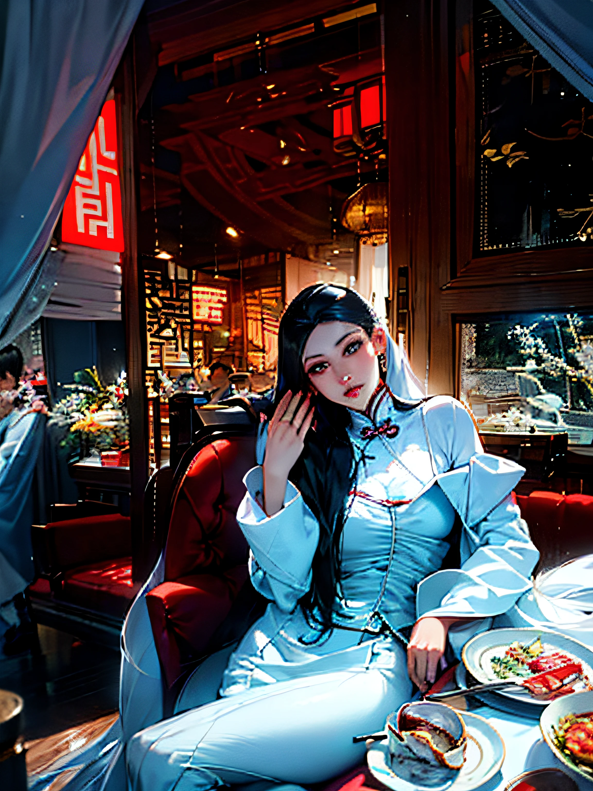 There was a woman sitting at the table，Carrying a plate of food, gorgeous chinese models, smooth white tight clothes suit, Gorgeous young Korean woman, white silky outfit, a beautiful woman in white aodai, beautiful Korean women, long  white hair, Gorgeous lady, with long white hair, wearing white clothes, High picture quality, Chinese girl, taken in 2 0 2 0