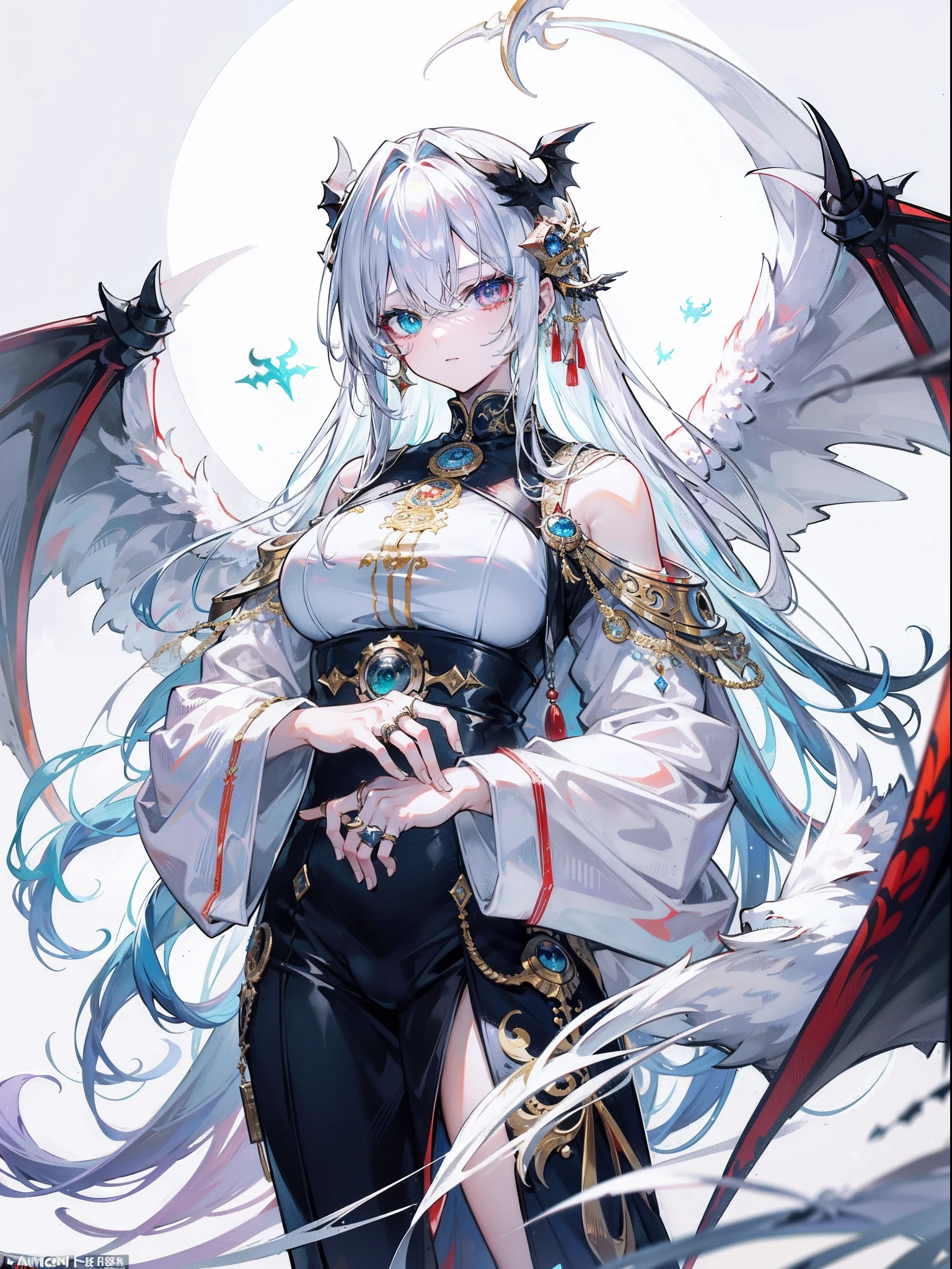 Monster angels that look sacred，His eyes are waiting for heterochromia，His whole body consists of a huge one-eyed eye，and a metal ring around one eye，The ring is crawling with the eyeball，The dragon has many wings on the white holy angel
