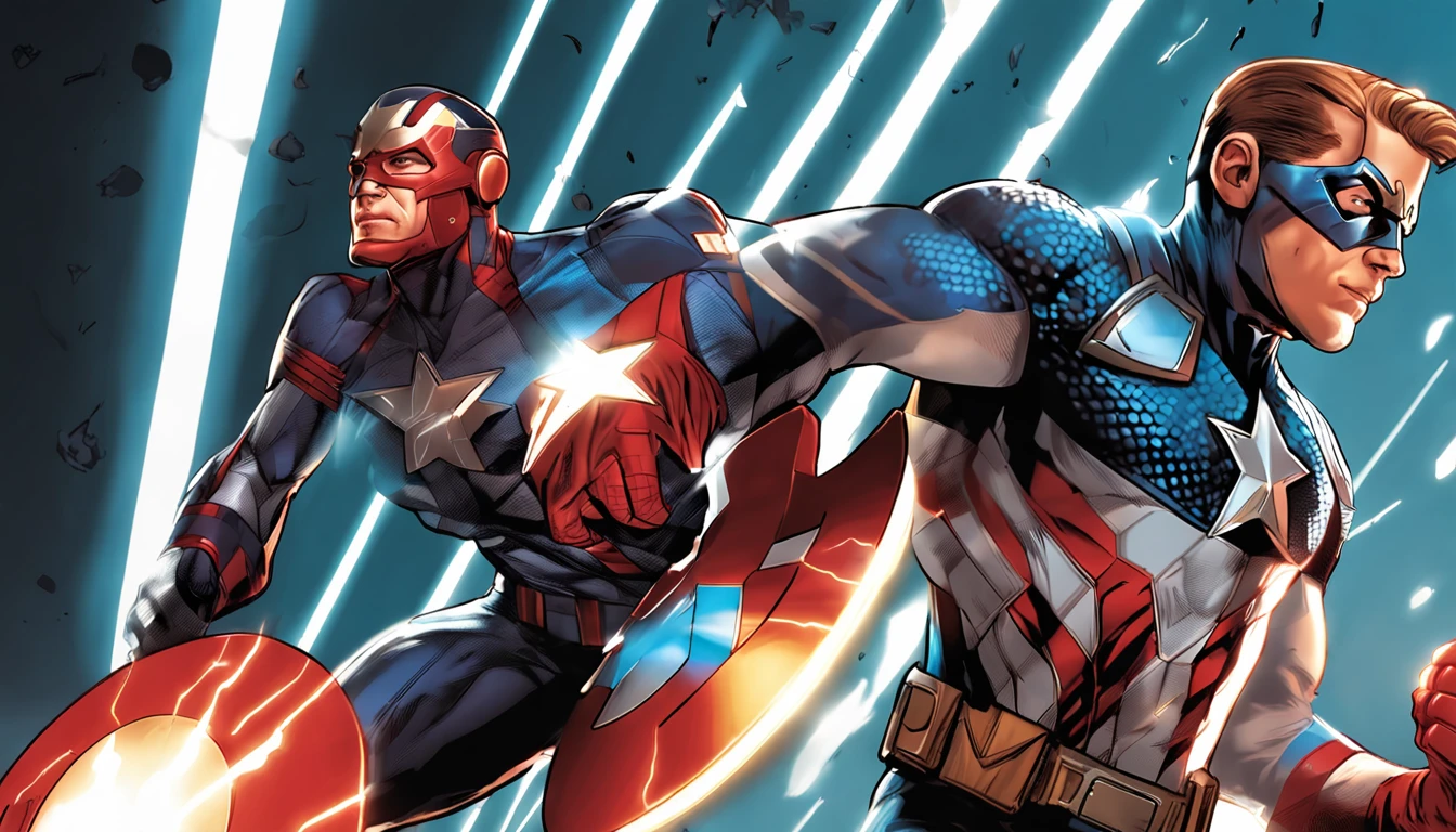 Generate an incredible image that shows a unique fusion between the Flash and Captain America. The resulting character must incorporate iconic elements of both heroes in a harmonious and impactful way.
Start with Captain America's recognizable uniform, complete with the emblematic shield on his arm. No entanto, o traje deve incorporar detalhes inspirados no Flash, como linhas de velocidade e um toque de vermelho vibrante.
The character's face should capture Captain America's determined and confident expression, com elementos sutis que evocam o Flash, como raios de velocidade em seus olhos ou uma aura de velocidade ao redor dele.
Make sure the image conveys a sense of speed and power, highlighting the unique fusion of these two iconic superheroes