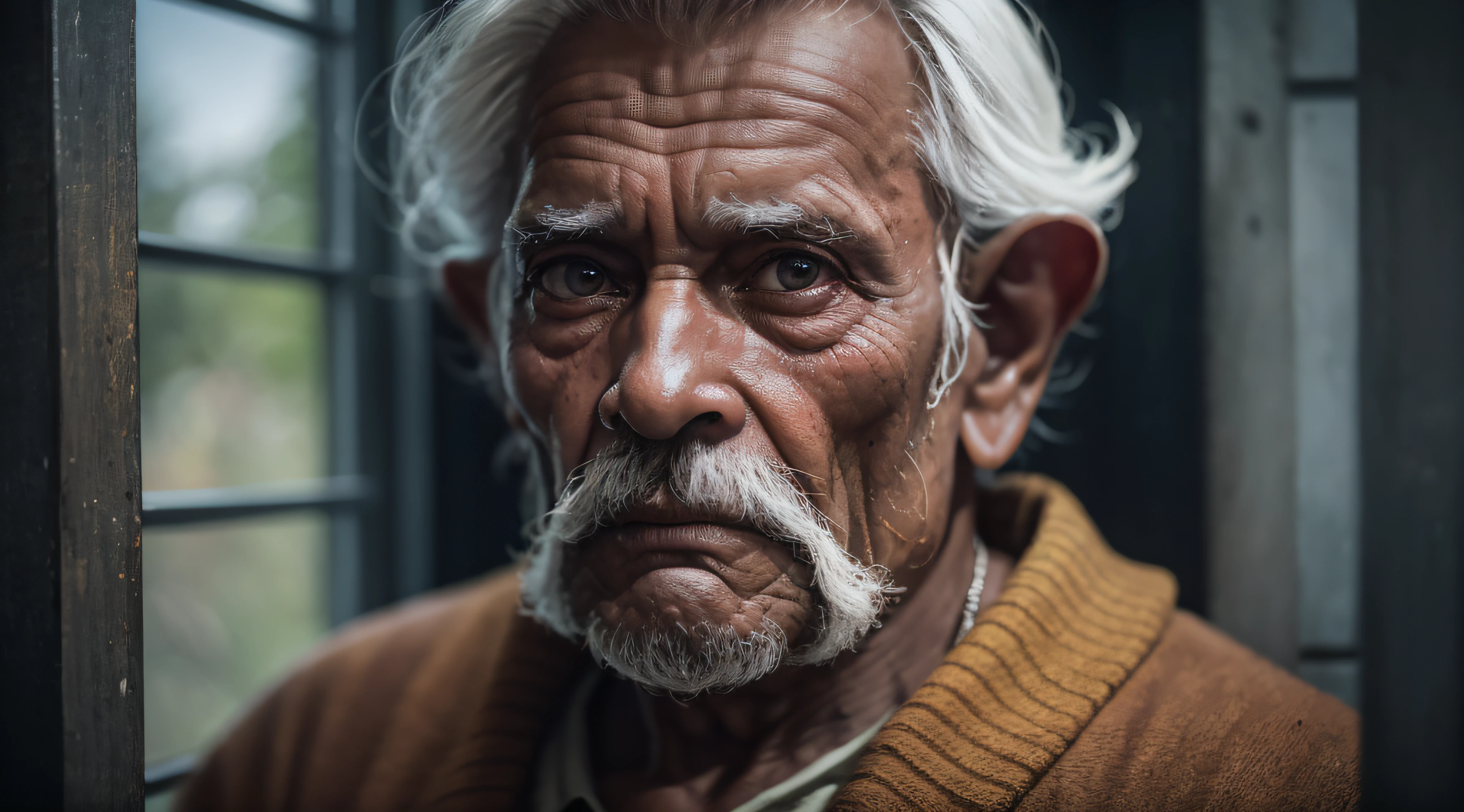 Cinematic portrait photo of a very interesting old Indian man inside a house, Eyes close together, highly detailed vfx portrait, Prise avec un appareil photo plein format avec un objectif sauvage, dans sa maison de hobbit,