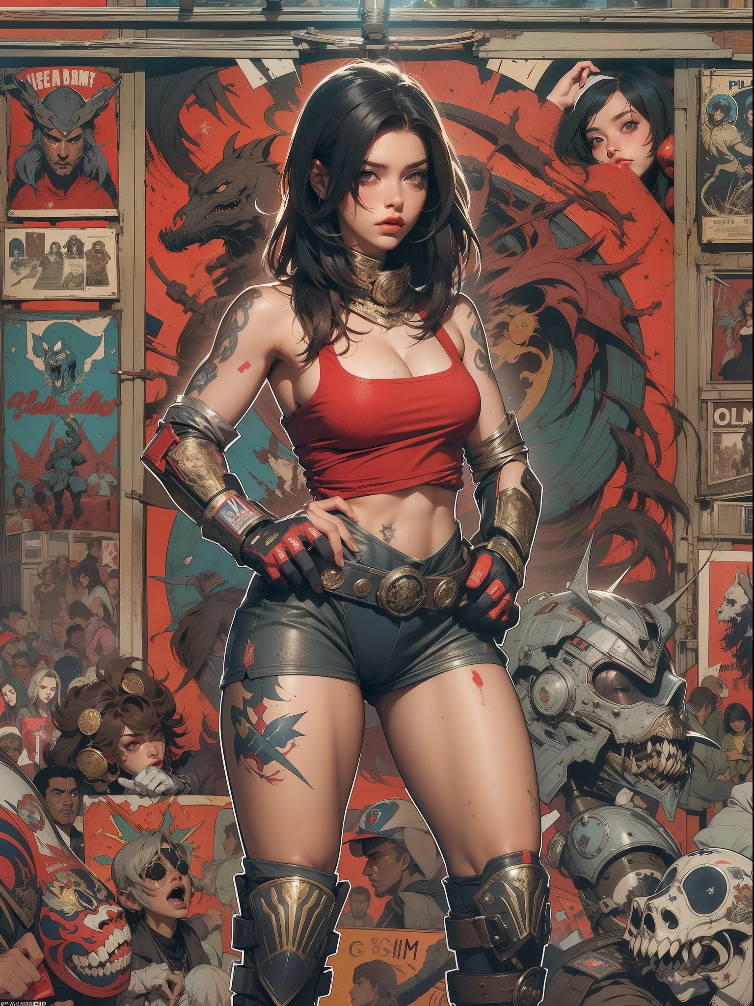 (((mulher))), (((melhor qualidade))), (((obra prima))), (((adulto))), (((1girl))), ((( corte de cabelo bob ))), ((( Latim ))), ((( pele escura ))), Uma gladiadora cyberpunk mulher de 25 anos com corpo perfeito, shoulder pads with metal spines, Gladiadores do Brooklyn, bronzeada (( corte de cabelo bob )), tiny leather panties, camiseta de time de rugby rasgada, quase nua no estilo selvagem urbano de Simon Bisley para a capa da revista Heavy Metal, Cabelo loiro curto, Minimum clothing, Metal protection on the left arm with intricate graphics, faded red with white stars and paisley pattern navy blue and white, armadura pintada com grafismos agressivos, cheio de pontas e rebites, (((do joelho pra cima))), no fundo uma parede pintada por Shepard Fairey com um design intrincado