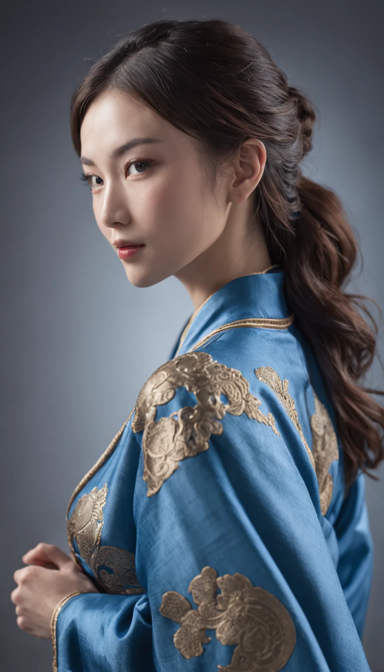 Woman in blue Mongolian robe、Back Shadow、sideface