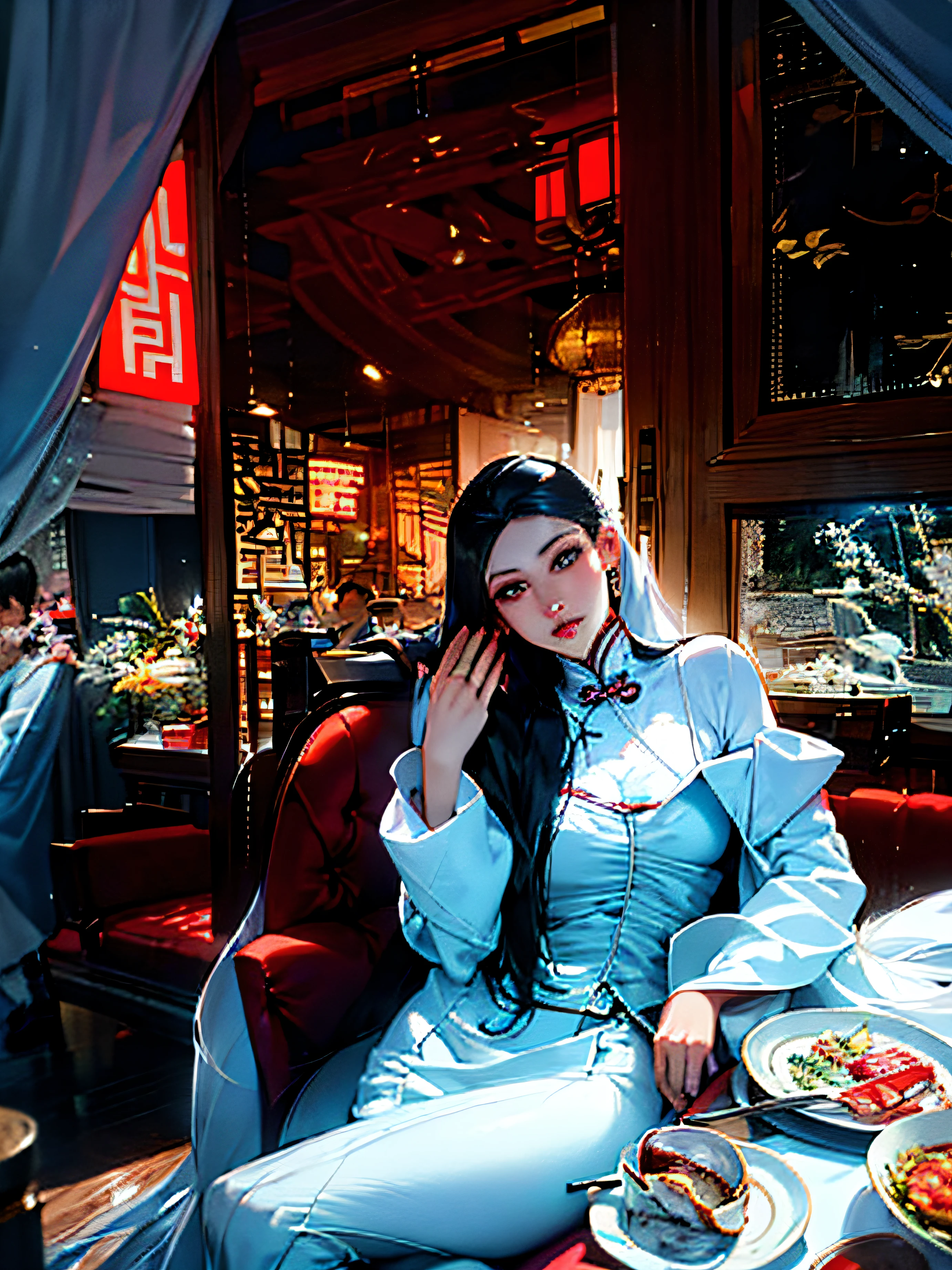 There was a woman sitting at the table,Carrying a plate of food, gorgeous chinese models, smooth white tight clothes suit, Gorgeous young Korean woman, white silky outfit, a beautiful woman in white aodai, beautiful Korean women, long white hair, Gorgeous lady, with long white hair, wearing white clothes, High picture quality, Chinese girl, taken in 2 0 2 0
