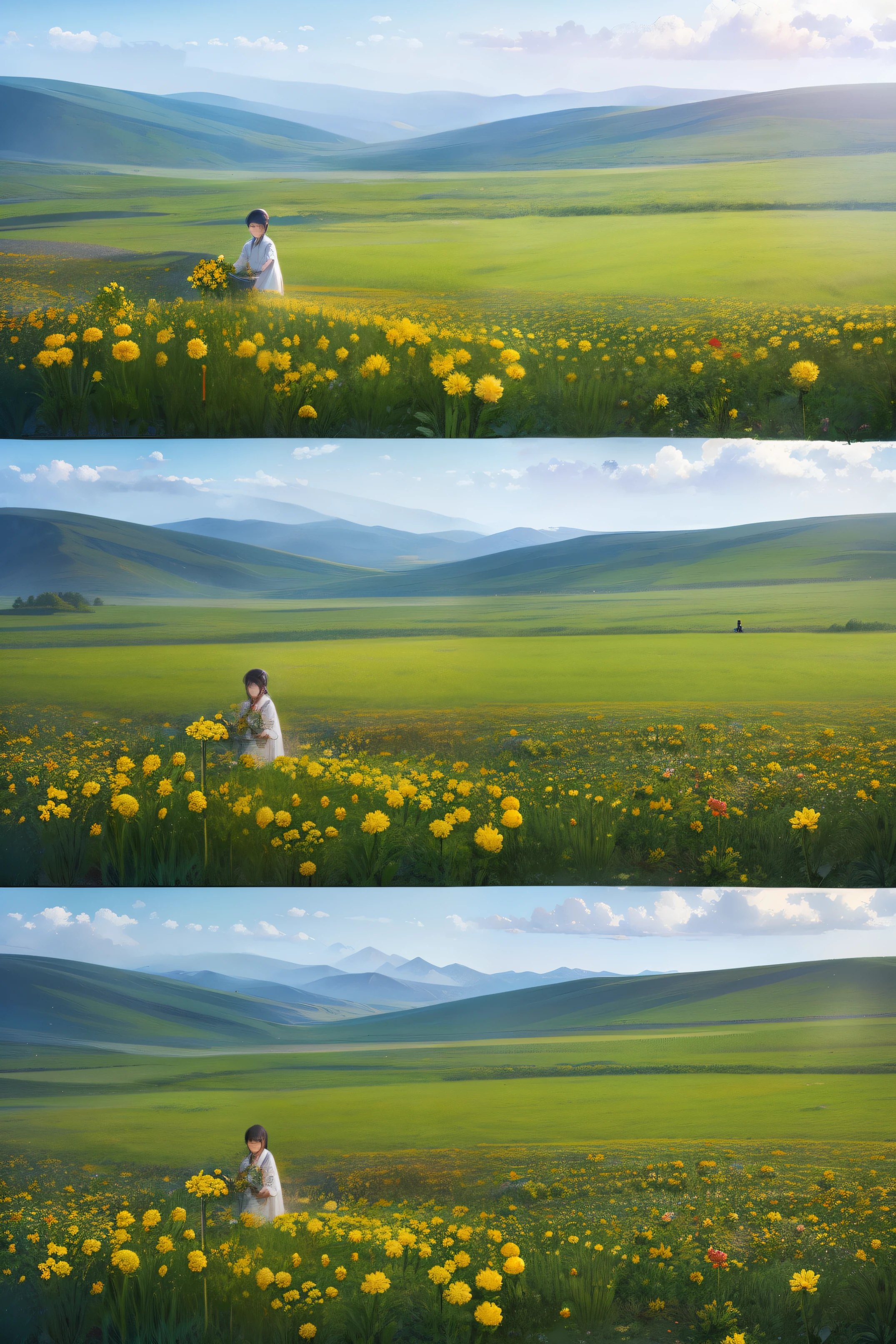 Flower farmers picking snow chrysanthemum tea on the land of Xinjiang,multiple persons,in a panoramic view,large scene,