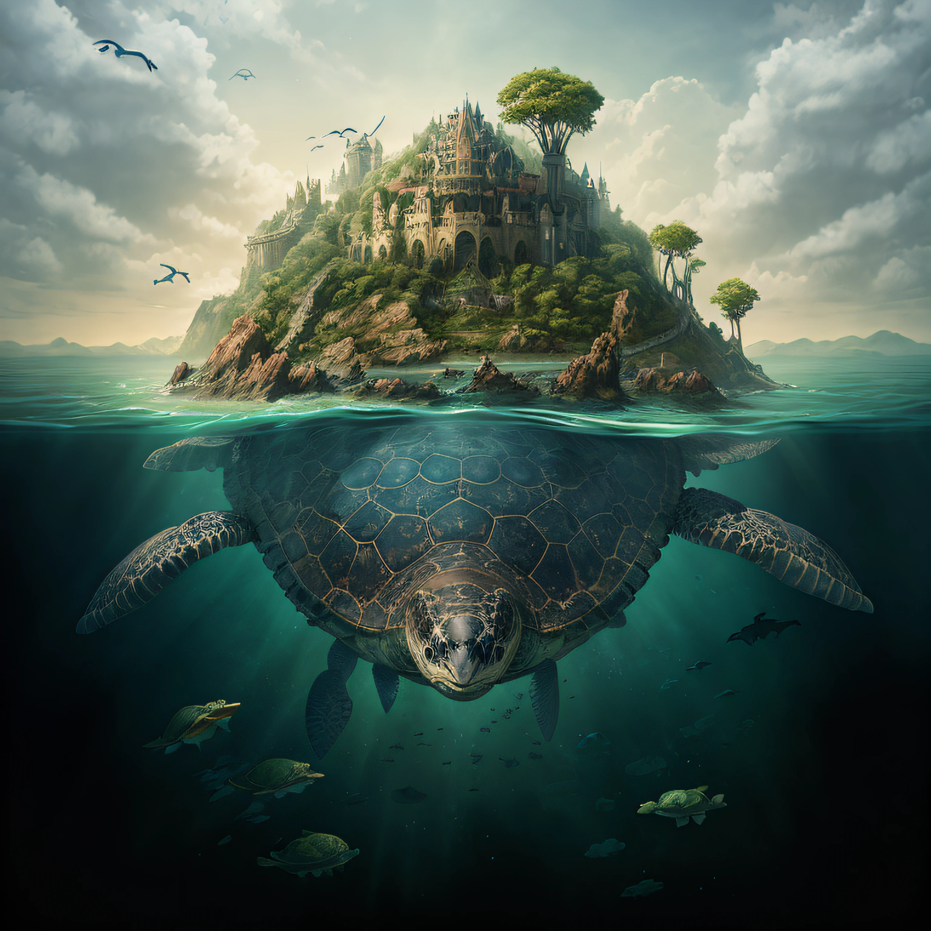 there is a turtle that is floating in the water with a castle on top, great a'tuin, world-bearing turtle, realistic fantasy illustration, by Kerembeyit, surrealistic digital artwork, isometric 3d fantasy turtle, by Adam Marczyński, by Johfra Bosschart, epic matte painting of an island, 3 d epic illustrations
