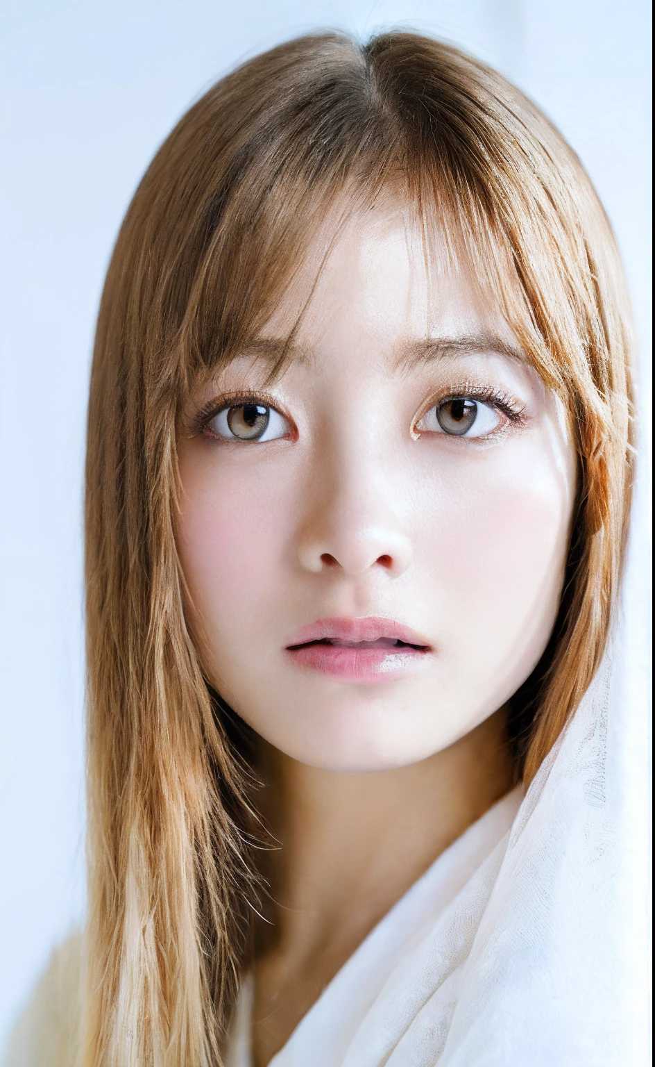 masutepiece, Best Quality, Illustration, Ultra-detailed, finely detail, hight resolution, 8K Wallpaper, Perfect dynamic composition, blazing, no make-up face, Clarity Skin, Beautiful detailed eyes, White cloth, Sexy face, (Open mouth:0.8), Dazzling white light background