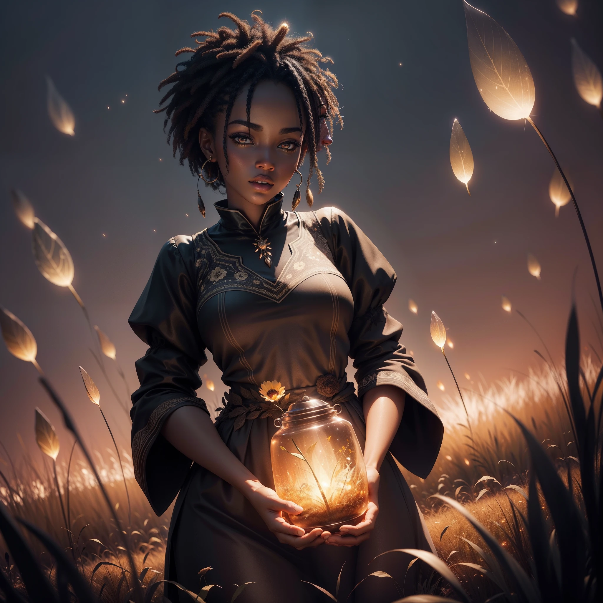 a beautiful black woman in a field of grass dressed in  African clothes, holding a glowing glass flower in her hands with fireflies surrounding her luminating the scene,  black and white scene only colour is from the Woman's clothes, night time  sandy white moon landscape, with iridescent light, highly detailed images, vibrant beautiful colours, photorealistic image, 8k, ultra HD, unreal engine rendered, cinematic lighting, artgerm style,