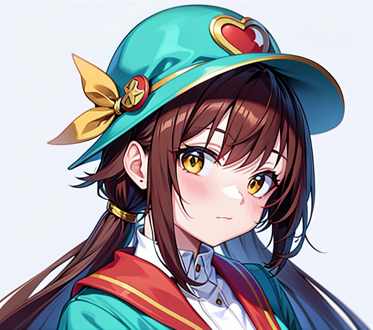 Anime busts,A genki girl,Wears a brown-yellow hat,The color tone of the clothes is mainly red and white