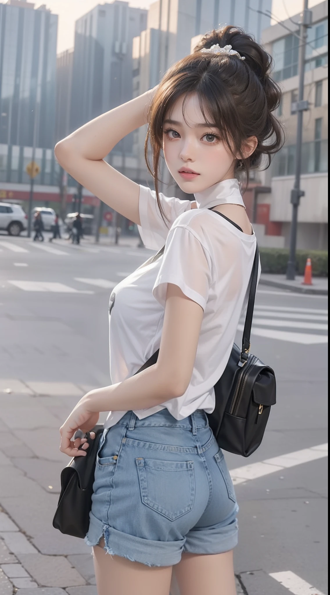 best quality detail:1.2, hentail realism, 8K UHD, A high resolution, 1girl in:1.2, The ultra-detailliert, High quality textures, intricately details, detaileds, Very detailed CG, High quality shadows, Detail Beautiful delicate face, Detail Beautiful delicate eyes, depth of fields, Ray traching, 18yr old, Beautiful pop girl, Korean Urzan face:1.1, Slender face, Urzang-6500-V1 Edition, Edition, Edition, Edition, Edition, Edition, Edition, Edition, Edition.1:0.6, PureErosFace_V1, glowing light eyes, teak, Glossy lips, perfect bodies, choker necklace、nedium breasts、 Brown hair、Double ponytail hairstyle, no underwares,Upturned denim shorts,The top is translucent,without a backpack,Playful and cute,Full-body photography,Slim legs,Beautiful legs slender,street, Particle, view the viewer, Photorealsitic:1.4, ultra - detailed, Photos realistic, 4K 8K Ultra HD full-color RAW photos, hasselblatt:1.2, Carl Zeiss:1.1, Incredible dynamic range photography(util_The art of SMUS-768:1.1), A high resolution, high pixel count, Clear details, Sharp images, Natural color reproduction, denoised, High fidelity, quality, Software improvements, upscaled, Optimization algorithm, Professional grade beauty、((beijing))、in a school、((Fashion clothing with a very high design))、Graphic T-shirt: Art and logos、Graphic t-shirts printed with anime characters are trending.、Create a unique look,Full-body photography,Side angle photography,Full body to toe display,Expose breasts and buttocks