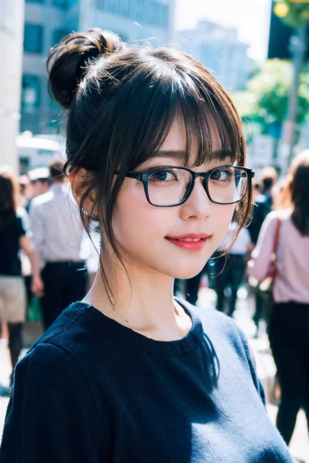 (8K、Raw photography、top-quality、masterpiece:1.2)、(realisitic、Photorealsitic:1.37)、ultra-detailliert、超A high resolution、女の子1人、see the beholder、beautifull detailed face、A smile、Constriction、(Slim waist) :1.3)、((White blouse clothes))、Beautiful detailed skin、Skin Texture、Floating hair、((Hair bunched into one))、Professional Lighting、In front of the station at noon、((Black square glasses))、Whole human body、Brown hair、Papa Katsu