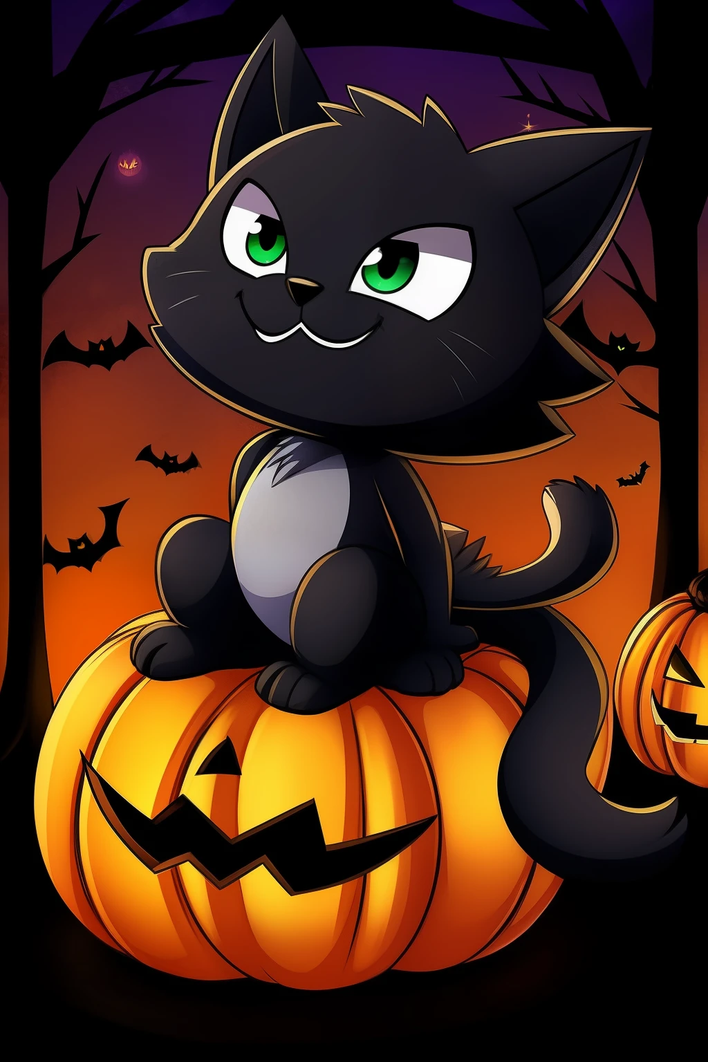 2d em contornos vetor, Gato preto bonito com grins largos inquietantes, Halloween tem, Morcegos voando ao redor, Descrito, fundo branco, Cartoon, Flatten the illustration, apenas contornos, menos detalhes, estilo moderno dos desenhos animados, vector graphic