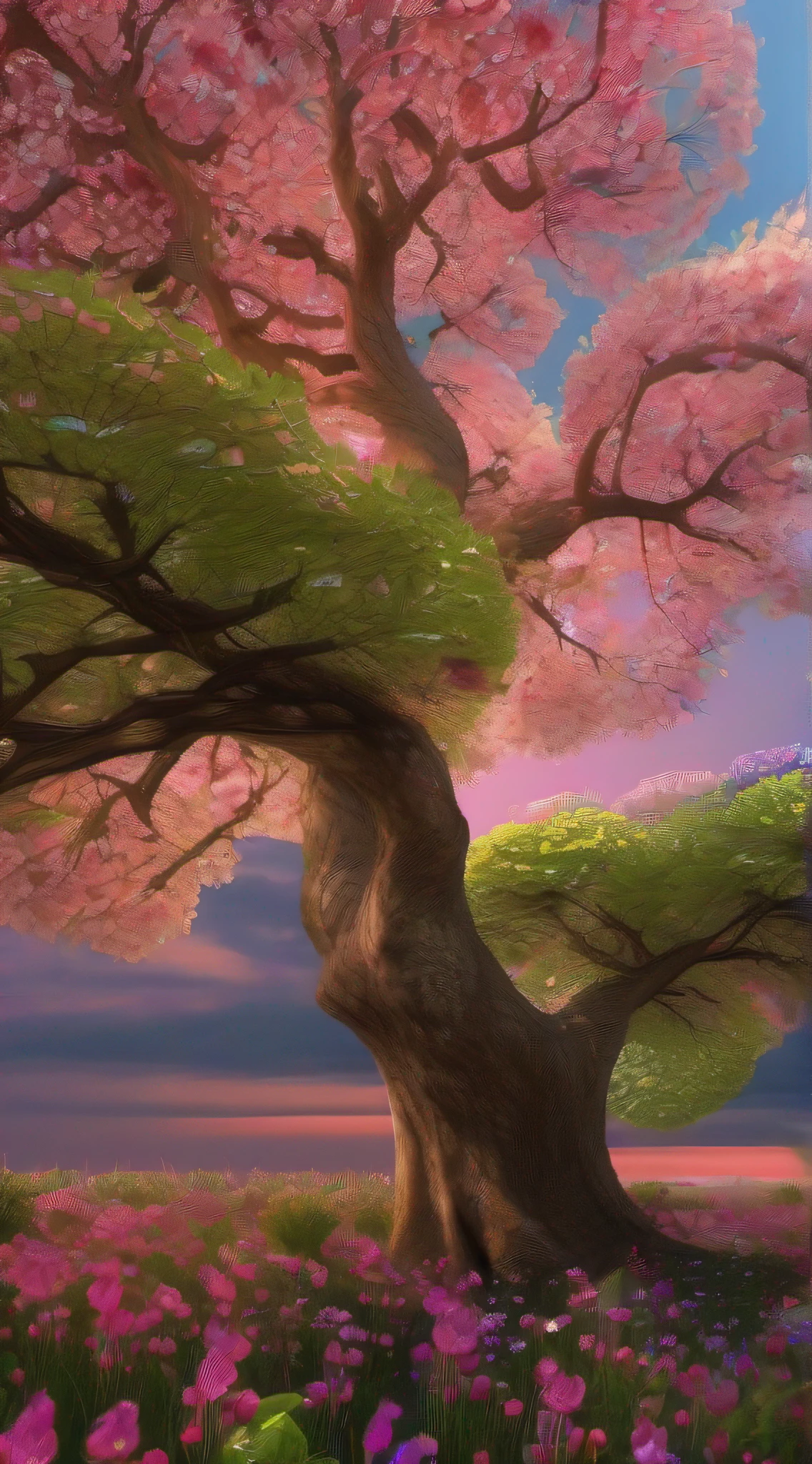 (On a huge plane tree), Cosmos blooms, Decorate its branches with a charming presence. Close-ups of the flowers reveal intricate details, Instilling hope and miracles. With bright colors, These flowers exude energy, Bring healing to the sky. Their presence carries a renewed and positive symbolism of beauty. Whether viewed from a distance or shot with stunning 8K HD close-ups, The beauty of this scene，It's fascinating.