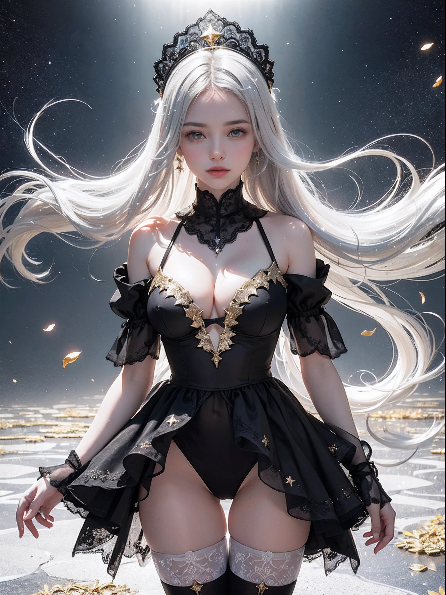 Unbeatable masterpiece, Ultra photo realsisim, Perfect artwork, Intricate details, Best quality, Strong light,High contrast,1girl, solo,(masterpiece), (best_quality:1.3), (ultra_detailed:1.3), (((extremely_clear))), vivid color, perfect proportion, 18 years-old, large breasts, exquisite facial features, prefect face, serene expression, clear blue transparent sky, intricate adorable beautiful face, hair ornaments, ((white thighhighs with Four-pointed star pattern embellishment without shoes)), lineart, very delicate light, nature, breeze, flowers and grass meadow, near the water edge, starry sky in a circle), randomly distributed clouds, river, falling petals, ((((melt)))), (((((black and white melt))))), ((((gold and silver lace)))), (((flowing ((black)) and white background))), extremely detailed gorgeous tiara, Floating with golden light, cinematic lighting, vanishing point, perspective,