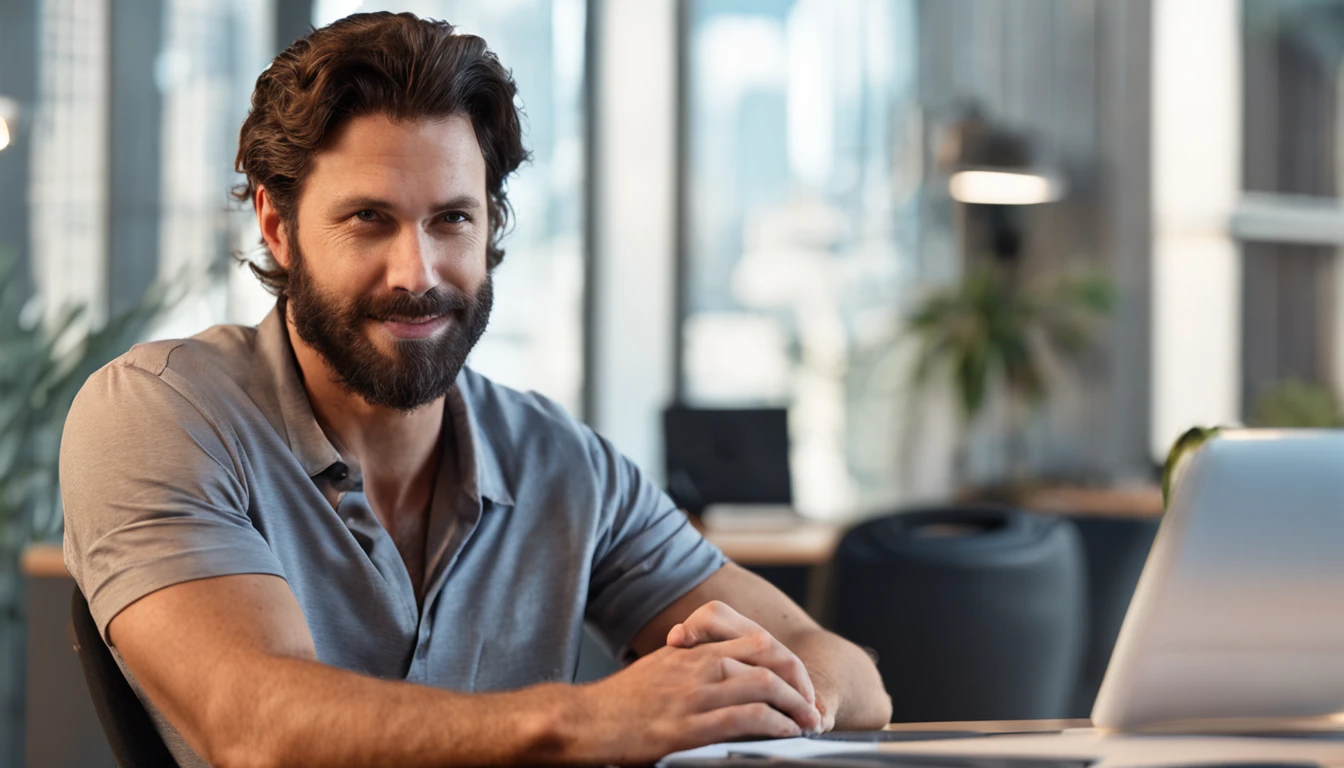 white male, 35 year old, sitting at a desk in the office, looking at the camera, casual dressed, looking good, handsome, smiling, brown hair and beard, stunning, chest and face towards the camera. office background not distracting, looking straight in the camera, ready to present an explainer video, friendly, realistic, 8k, HQ,