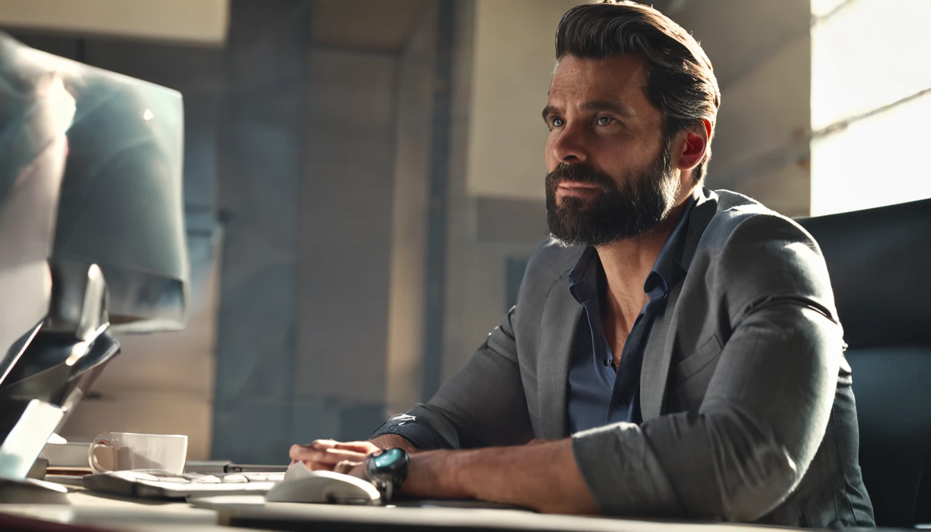 white male, 35 year old, sitting at a desk in the office, looking at the camera, casual dressed, looking good, handsome, smiling, brown hair and beard, stunning, chest and face towards the camera. office background not distracting, looking straight in the camera, ready to present an explainer video, friendly, realistic, 8k, HQ,