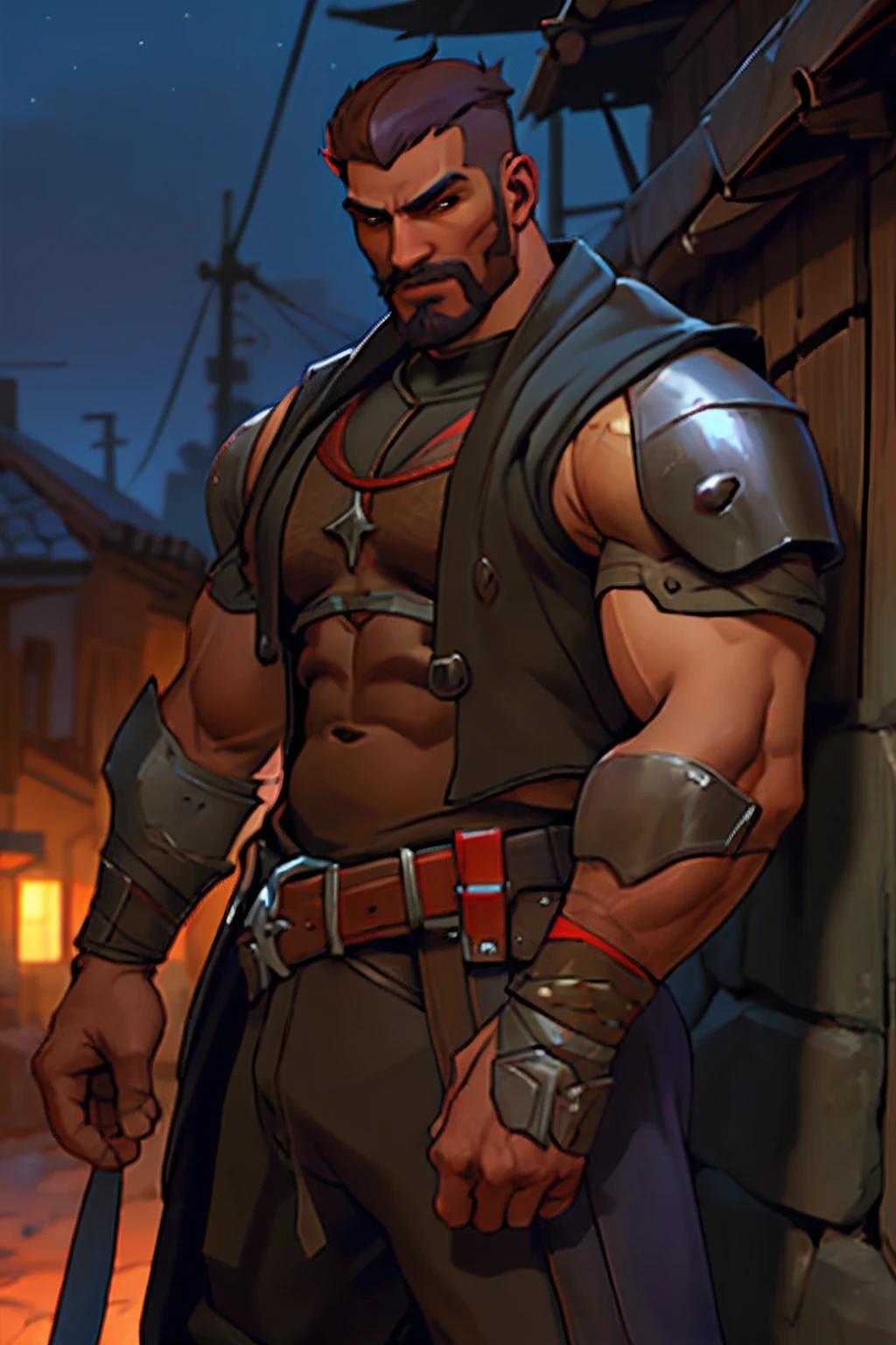 gabrielreyes, 1man, masterpiece, best quality, dusk, medieval village background, very muscular male, aged down, 36 years old, light iron armor, sleeveless, arms showing, depth of field, cowboy shot