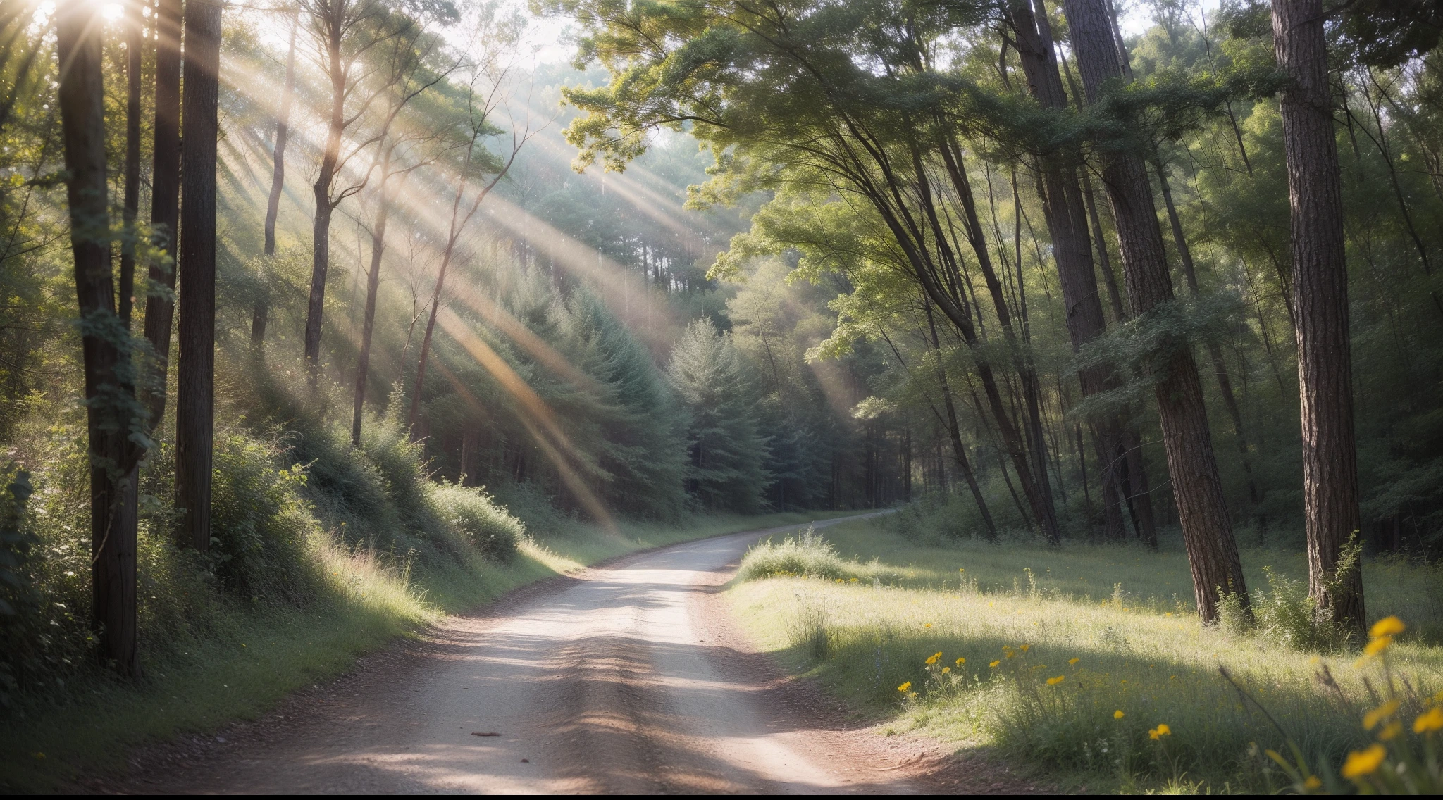 Summer morning、When you step into the forest、A beautiful sight at the end of summer unfolds。The tree々Sunlight shining in from between、Draw a beautiful light pattern on the leaves。Soft grasses and wildflowers bloom on the ground、Birdsong echoes in the wind。Silence spreads in the forest、It seems that new discoveries await you.、Very realistic, photograph, One-person viewpoint, Super Detail, high details, High quality, in 8K