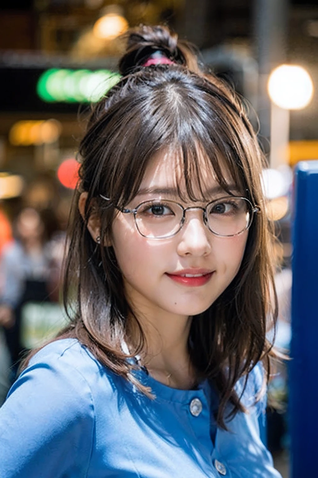 (8K、Raw photography、top-quality、masterpiece:1.2)、(realisitic、Photorealsitic:1.37)、ultra-detailliert、超A high resolution、女の子1人、see the beholder、beautifull detailed face、A smile、Constriction、(Slim waist) :1.3)、((Light blue shirt clothes))、Beautiful detailed skin、Skin Texture、Floating hair、((Hair bunched into one))、large breasts with good shape、Professional Lighting、In front of the station at noon、((Black square glasses))、Whole human body、Brown hair、((Hold your phone on your phone))、