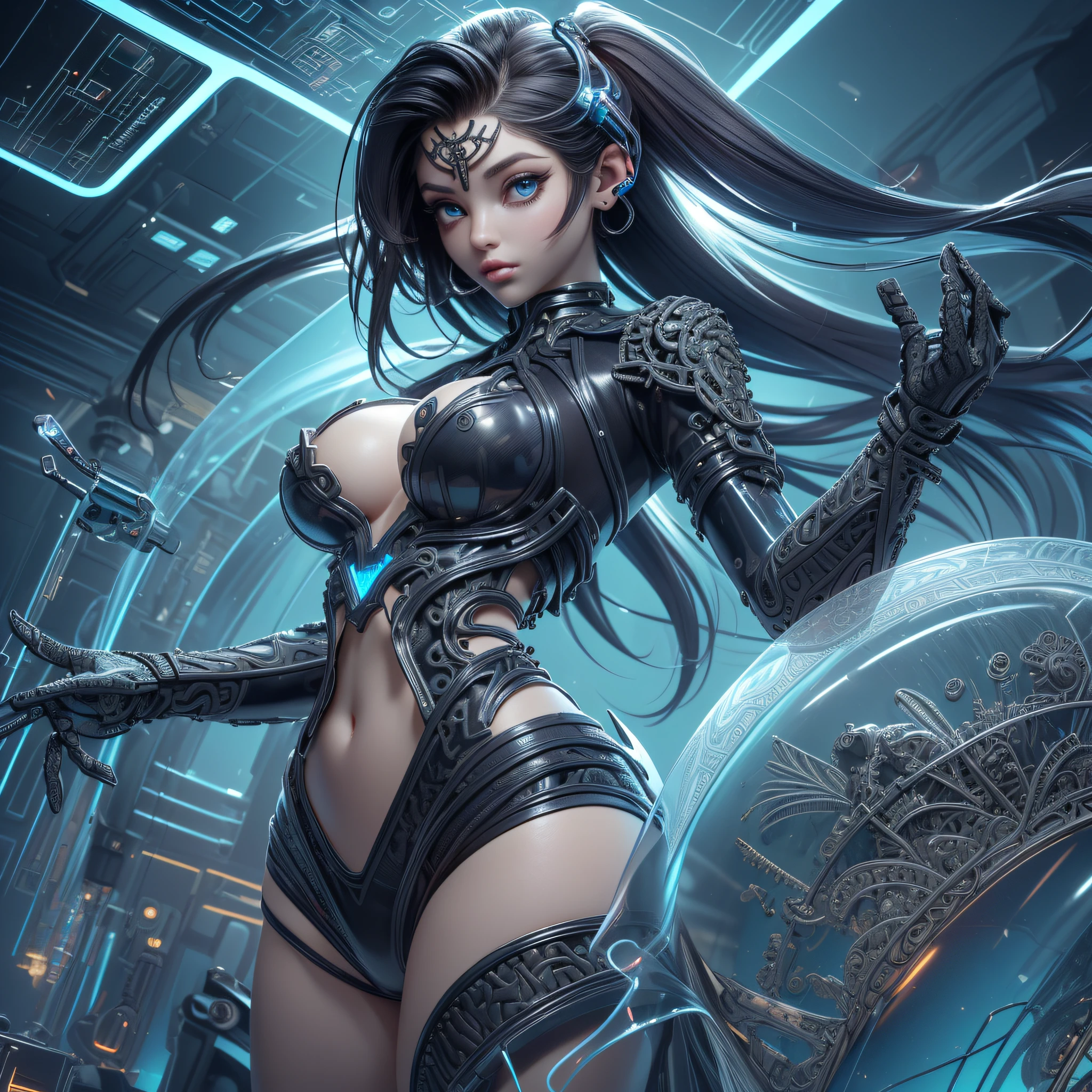 ((masterpiece, best quality):1.3) a girl, extremely beautiful, perfect eyes, big breasts, thin waist, big ass, (translucent skin:1.4), tron circuit, using ((intricate high-tech metal alloys by body):1.4), (micro shorts and synthetic leather bustier, intricate tron circuit), (extremely detailed image with rich colors)