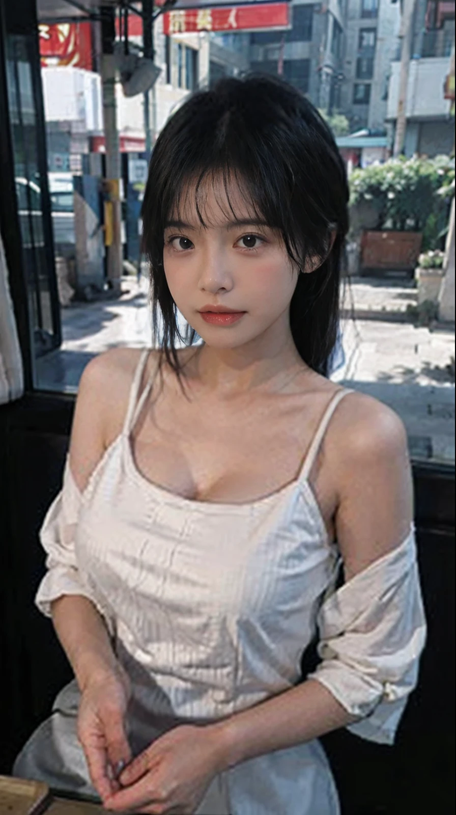 best qualtiy,tmasterpiece,超高分辨率,(realisticlying:1.4),1个Giant Breast Girl,A pair of pure apricot eyes,looking at viewert,Raised sexy,(on cheongsam:1.2),(big cleavage breasts:1.3),(The upper part of the body:1.4)