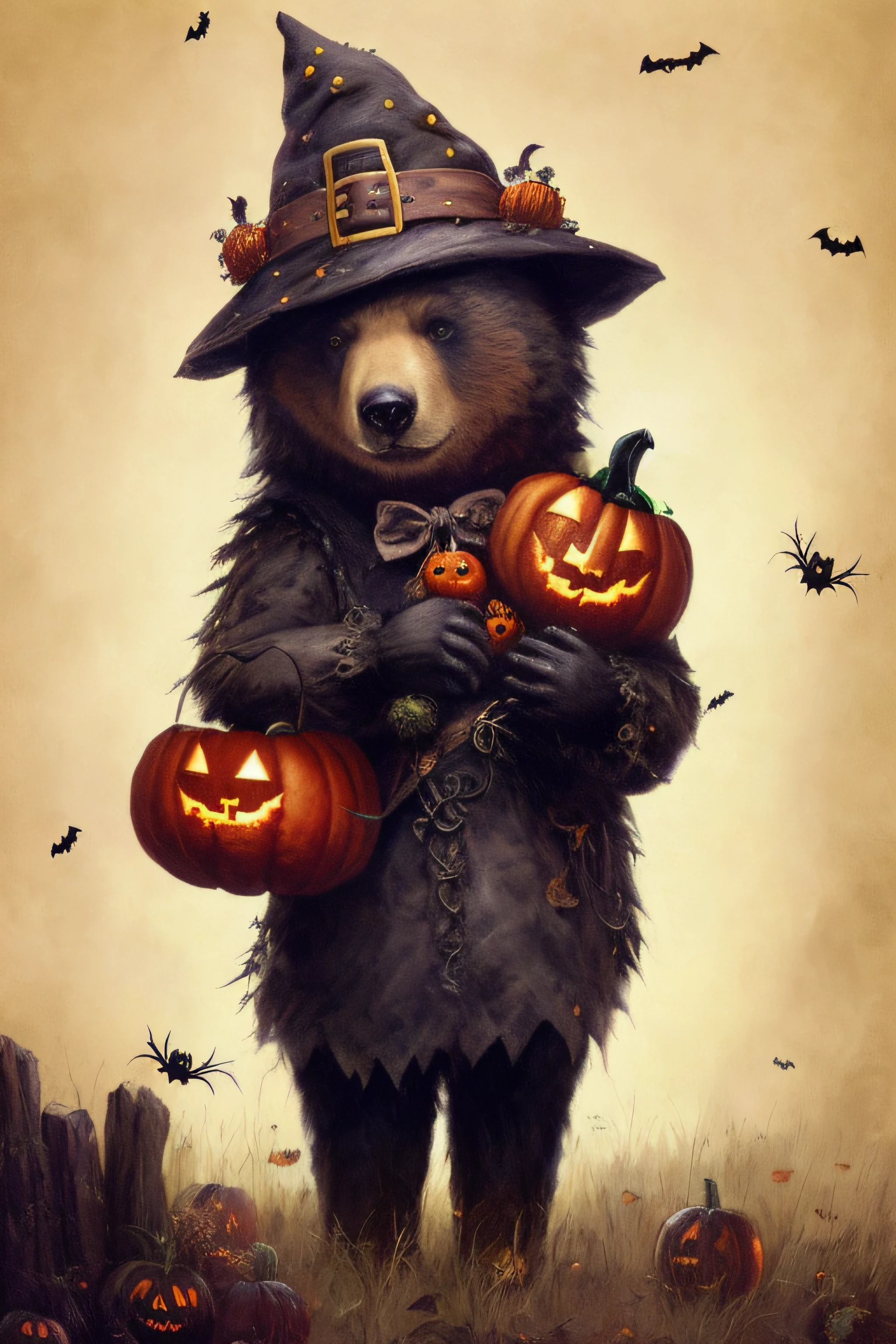 arafed bear dressed as a witch holding two pumpkins, halloween art style, trick or treat, portrait of anthropomorphic bear, halloween, in a halloween style, by derek zabrocki, 3 0, halloween theme, halloween celebration, ghibli tom bagshaw, 4k art, hd artwork, halloween atmosphere, anthropomorphic otter in costume