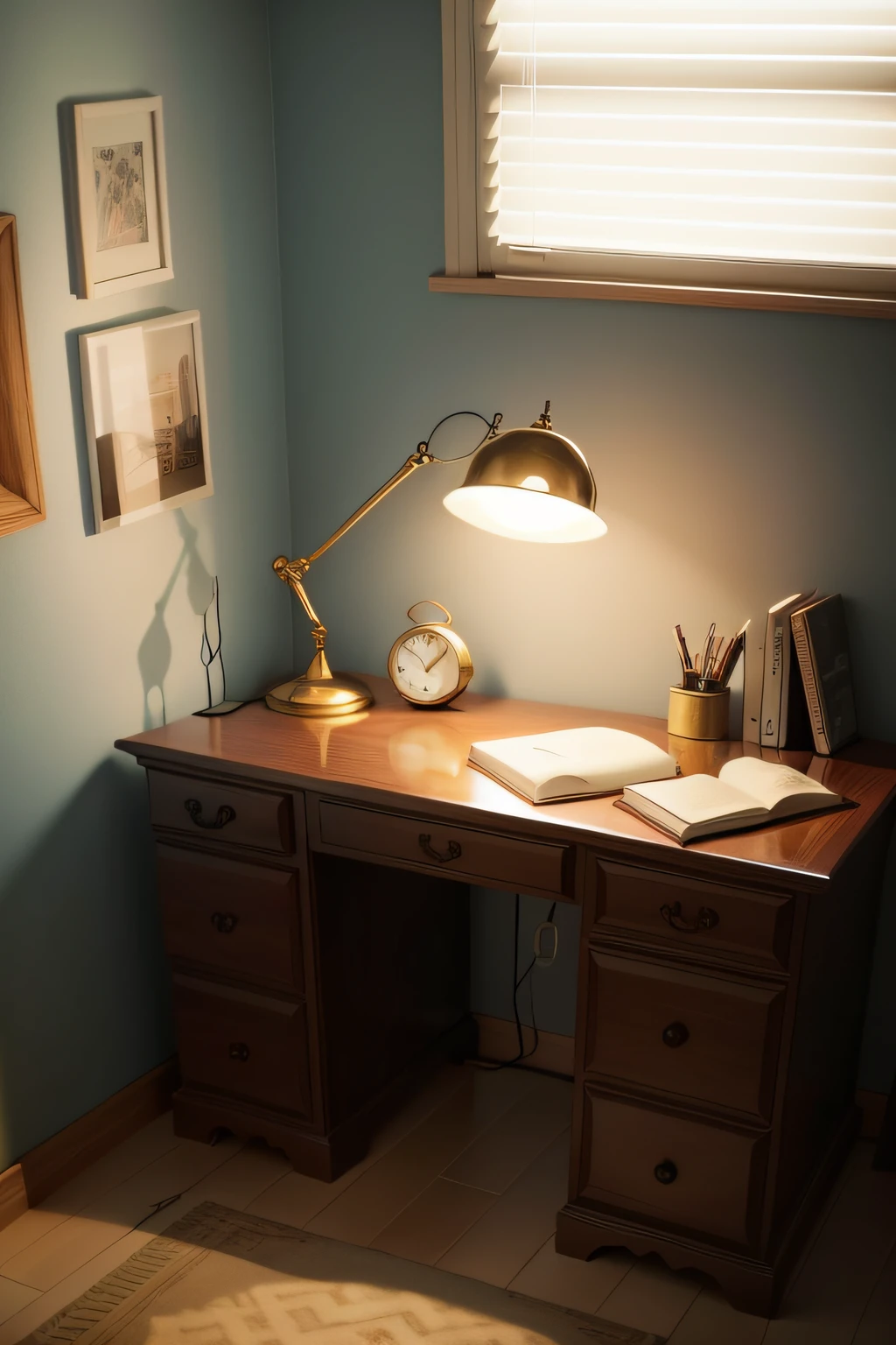 In the boy's room,There is a desk,There was a book and a lamp on the desk,There is a clock hanging on the wall