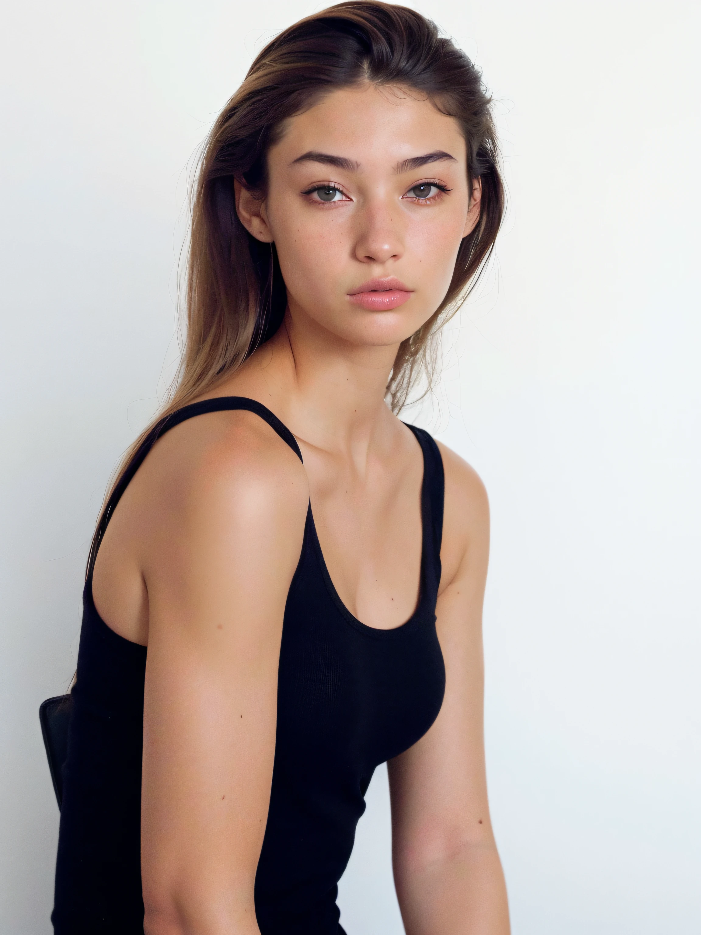arafed woman with long hair and a white tank top, portrait sophie mudd, 2 4 old female model, perfect face model, beautiful female model, julia gorokhova, portrait of a beautiful model, model face, gorgeous young model, editorial model, dasha taran, alina ivanchenko, julia sarda, gemma chen, jodie bateman