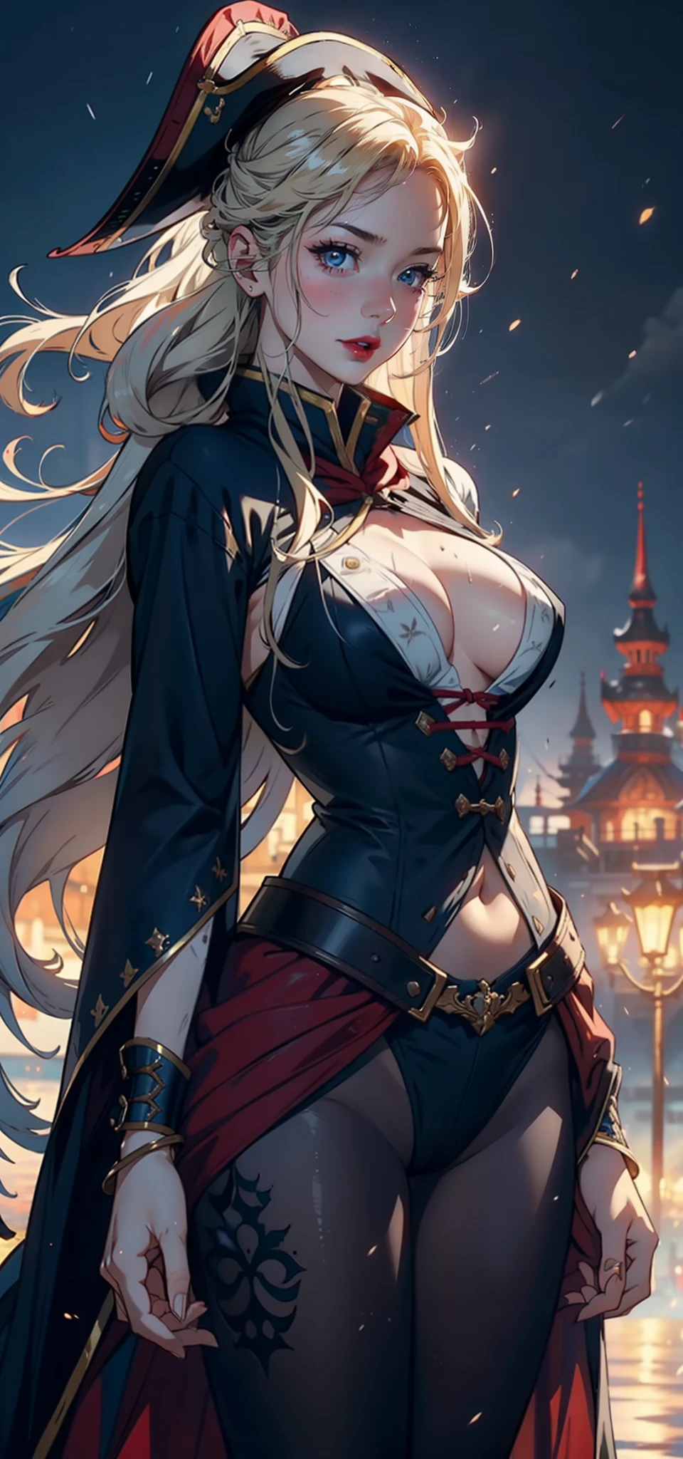 1womanl,33yo,熟妇,Bigchest,Raised sexy,Pornographic exposure, 独奏,Beauty contests,standing on your feet(Background with:the sea,snow mountains,warships,at winter season,Blizzarding,Big snowflakes)On warships, She has long blonde hair,Long hair flutters in the wind,Redlip,dynamicposes,Sweat profusely,drenched all over the body,seen from the front, hair straight, mostly cloudy sky,(((tmasterpiece),(Very detailed CG unity 8K wallpaper),best qualtiy,cinmatic lighting,detailed back ground,beatiful detailed eyes,Bright pupils,(Very fine and beautiful),(Beautiful and detailed eye description),Blue eyes,Redlip,ultra - detailed,tmasterpiece,)),facing at camera,(The upper part of the body),A high resolution,ultra - detailed),revealing breasts,Bare genitalia, Bulge,legs are open,sexyposture,Camel toes,Flushed complexion,Open-mouthed,frontage,Pirate King,tricorn hat,elementary student(Wearing:Red cloak,Down jacket Pirate King uniform,Sexy leggings,Armour,Gold wire embroidery,Snowflake decoration,Victorian style)